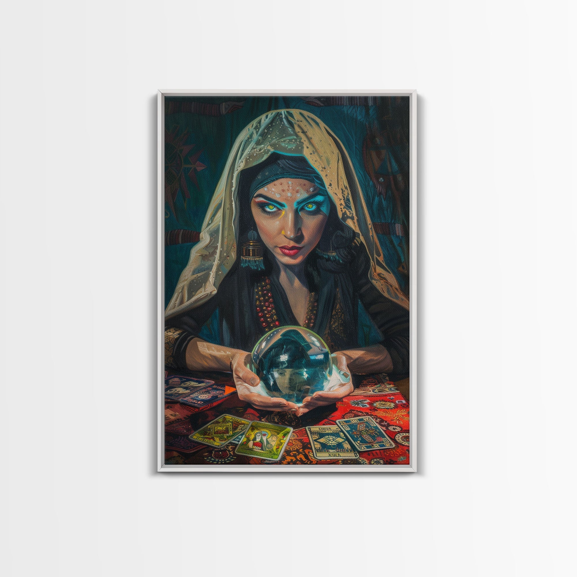 Enchanting Fortune Teller with Crystal Ball Under Moonlight - Mystical Witchcraft Framed Canvas Print, Halloween Gothic Home Decor | | Wiccan Center