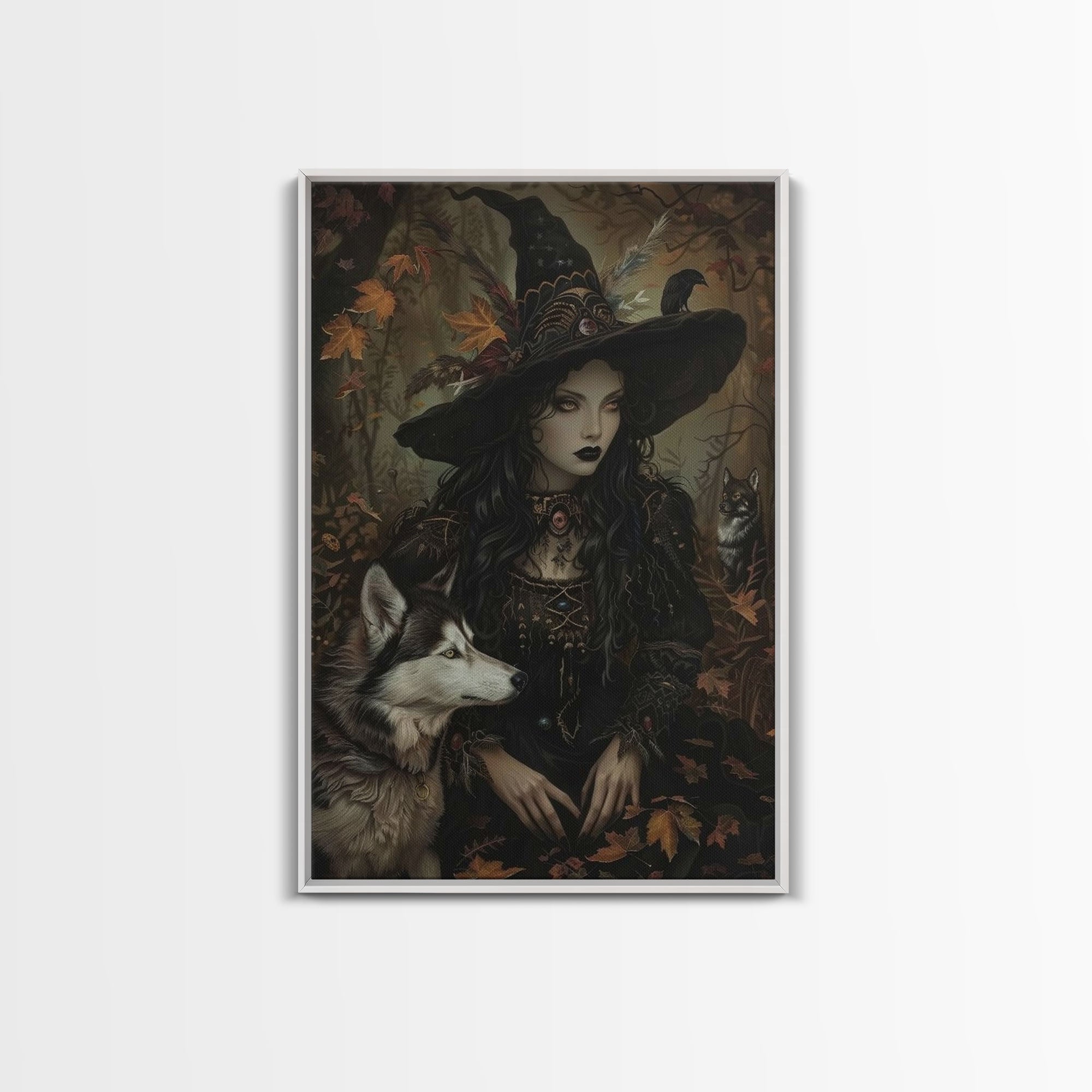 Witch with Wolves in Enchanted Forest - Dark Sorcery Mystical Art Framed Canvas Print, Halloween Gothic Decor | | Wiccan Center