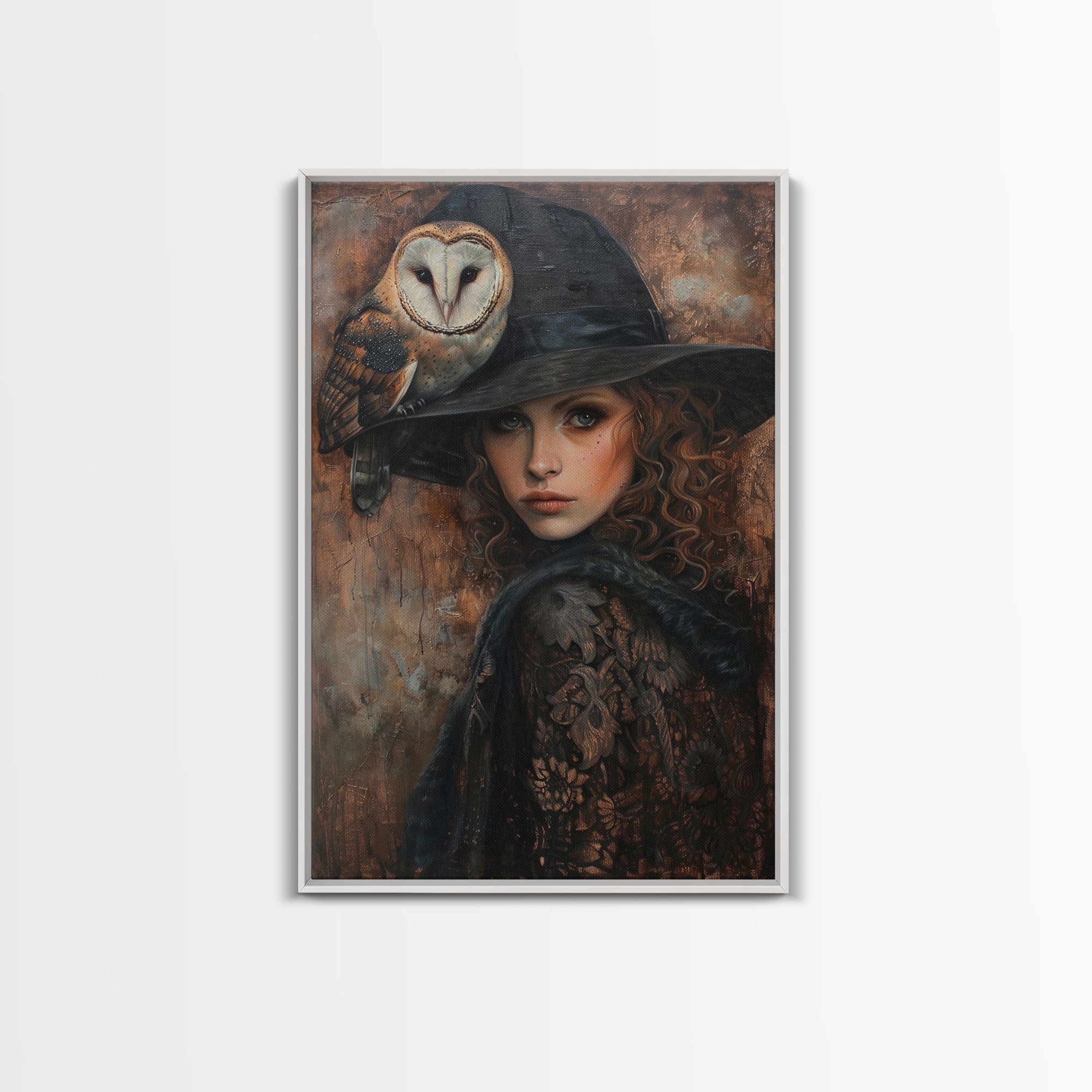 Witch with Crow in Spooky Forest - Halloween Art, Gothic Art, Spooky Decor, Dark Magic Art, Mysterious Portrait, Framed Canvas Print | | Wiccan Center