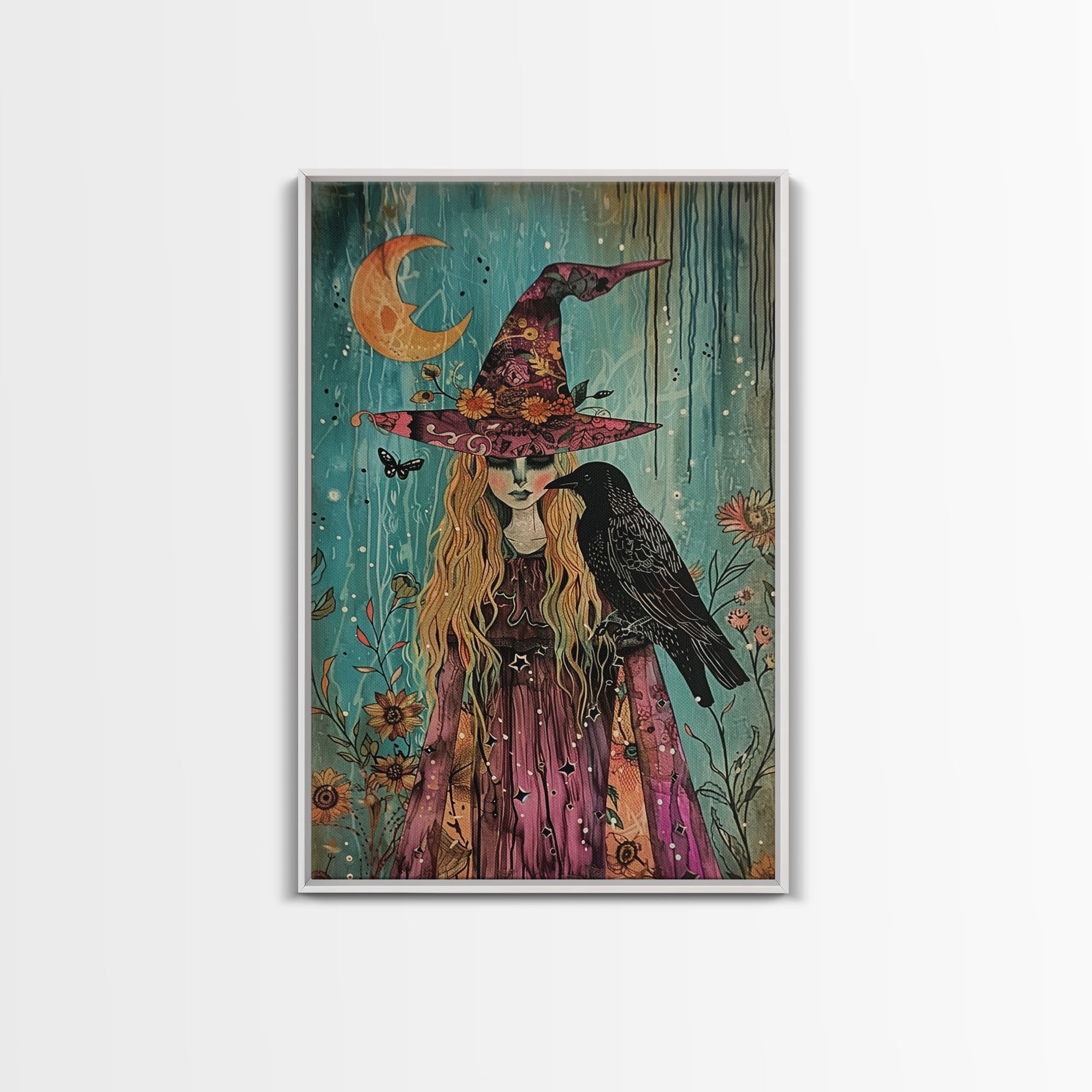 Witch with Owl in Magical Forest - Halloween Art, Gothic Art, Spooky Decor, Dark Magic Art, Enchanted Woods, Framed Canvas Print | | Wiccan Center