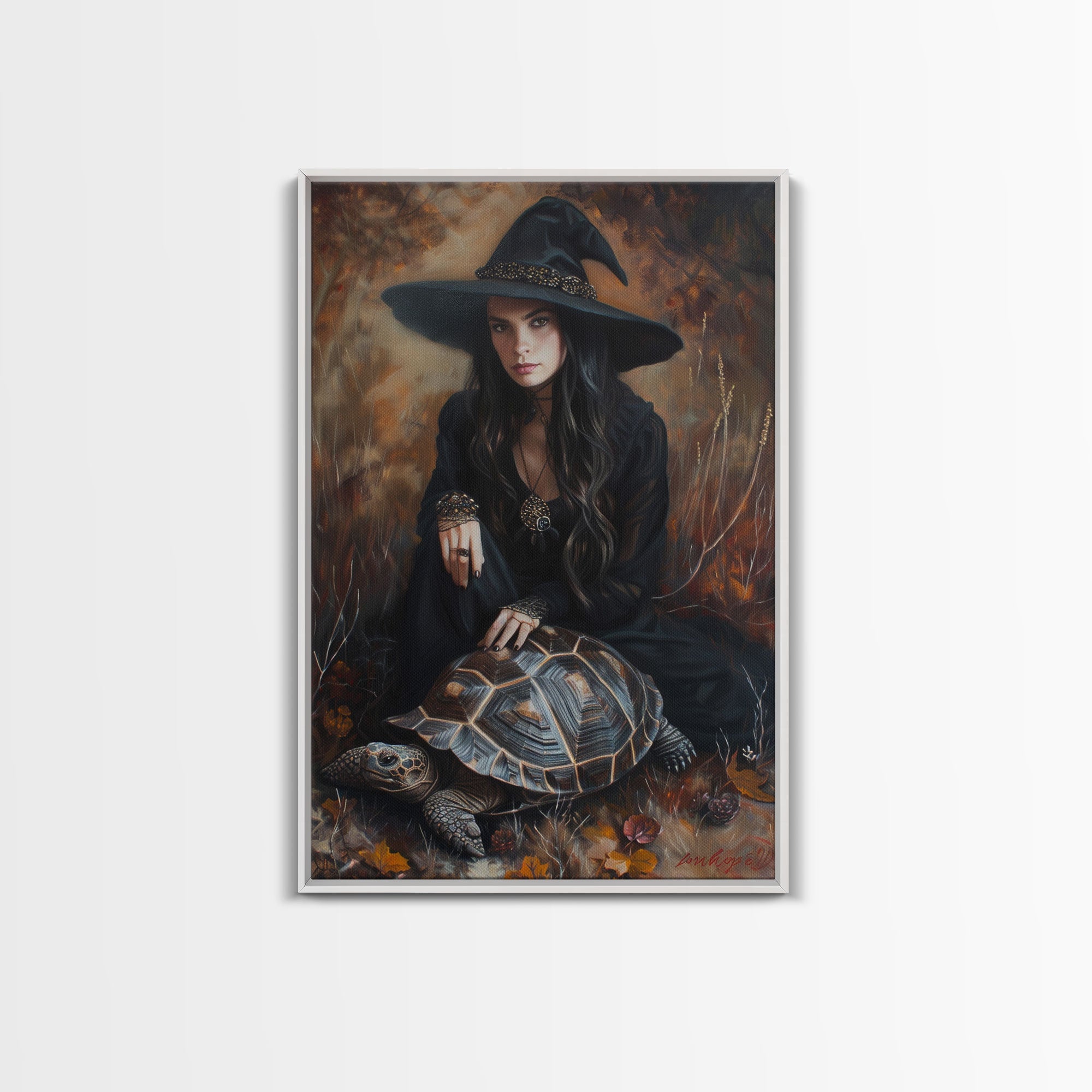 Witch with Mystical Elements - Halloween Art, Gothic Art, Spooky Decor, Dark Magic Art, Bewitching Portrait, Framed Canvas Print | | Wiccan Center