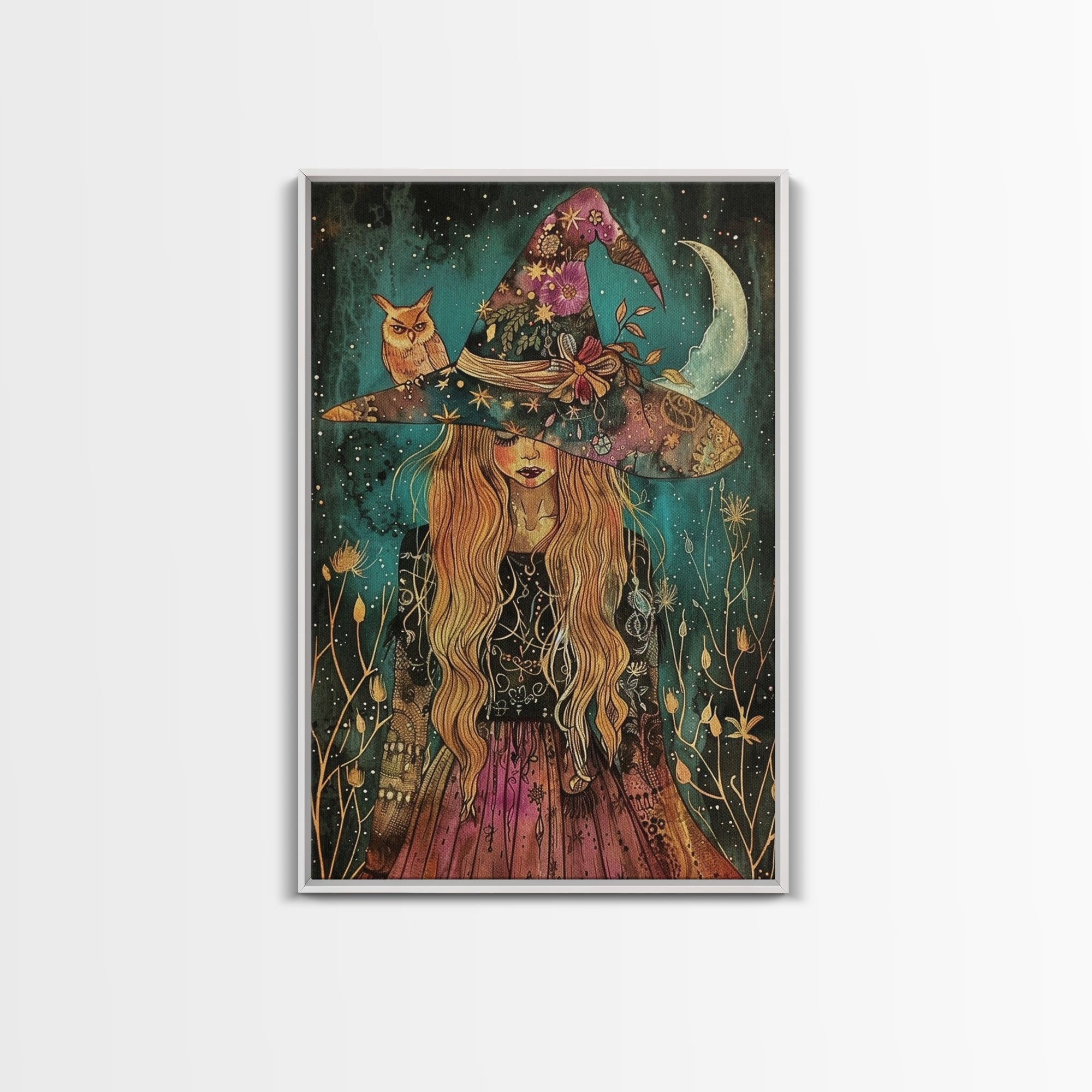 Witch with Black Cat and Moon - Halloween Art, Gothic Art, Spooky Decor, Dark Magic Art, Ominous Portrait, Moonlit Night Framed Canvas Print | | Wiccan Center