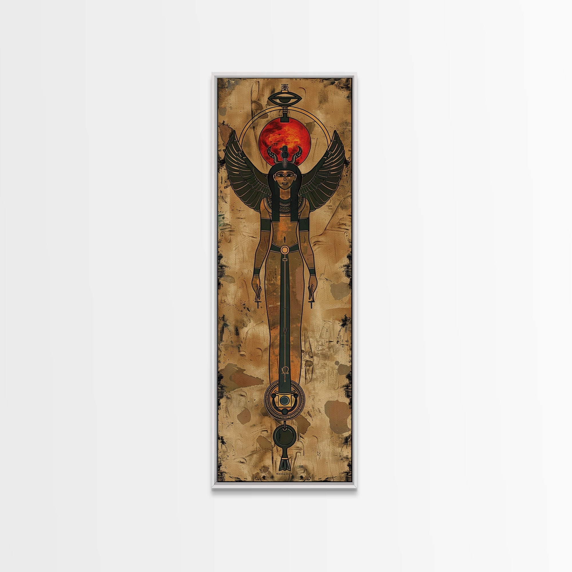 Egyptian Art Depiction of Goddess Isis - Framed Canvas Print, Midcentury Modern Wall Art, Skinny Art, Tall Art, Living Room Decor