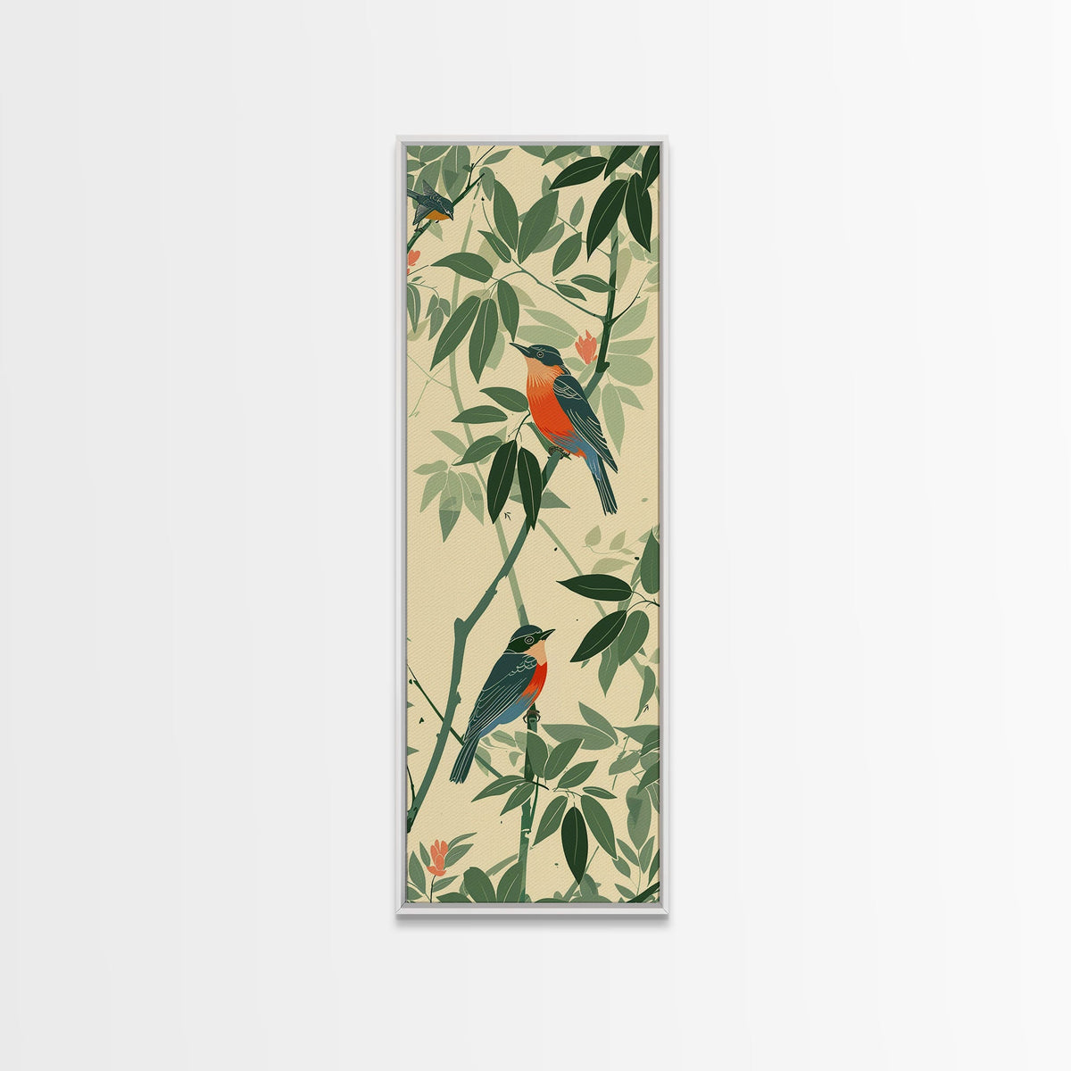 Skinny Art Tall Art Framed Canvas Print Birds Amongst Dense Greenery And Red Flowers Ukiyo-e Japanese Style Art Wood Block Print