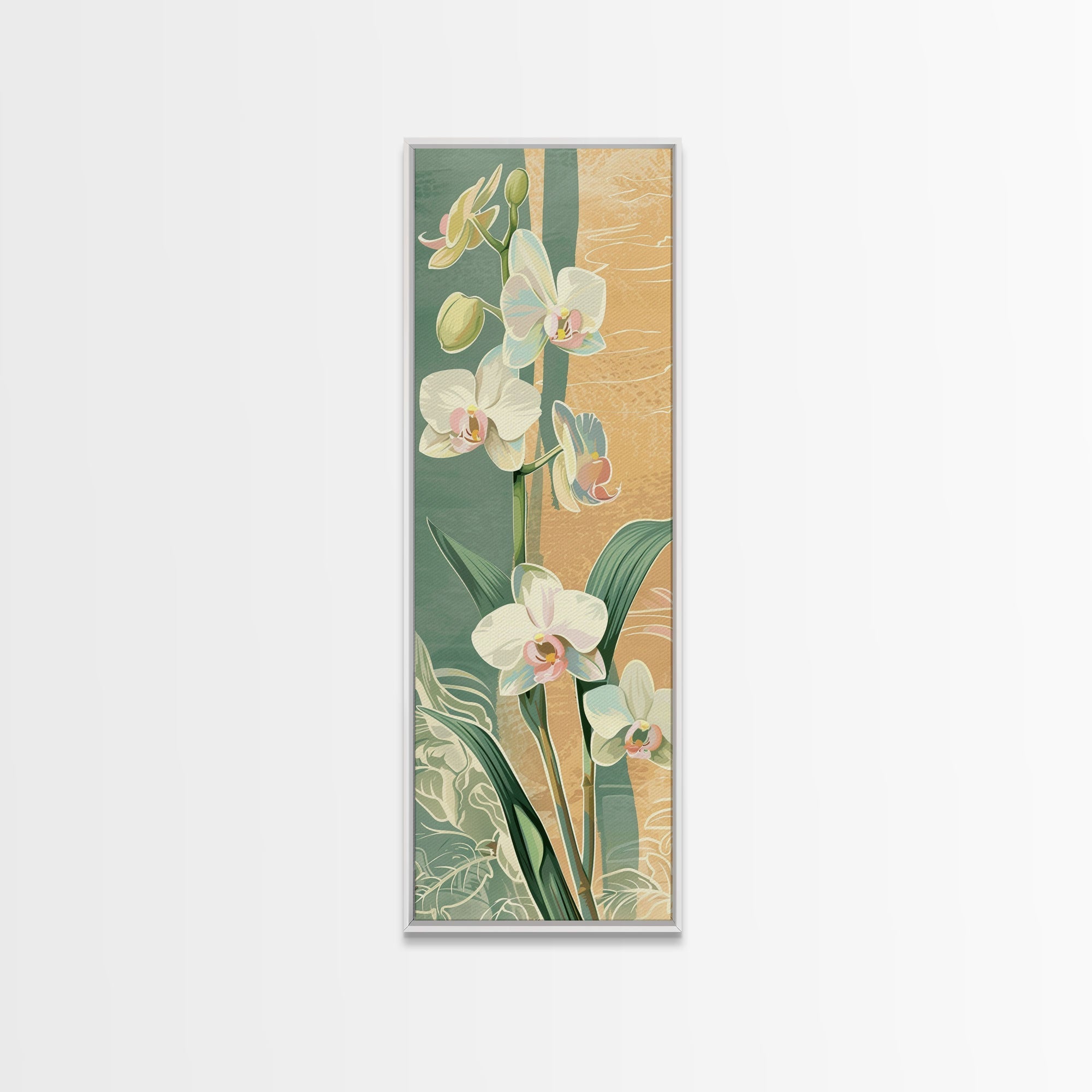 Skinny Art Tall Art Framed Canvas Print Orchids In Delicate Tones With Subtle Background Elements Ukiyo-e Japanese Style Art Wood Block Print