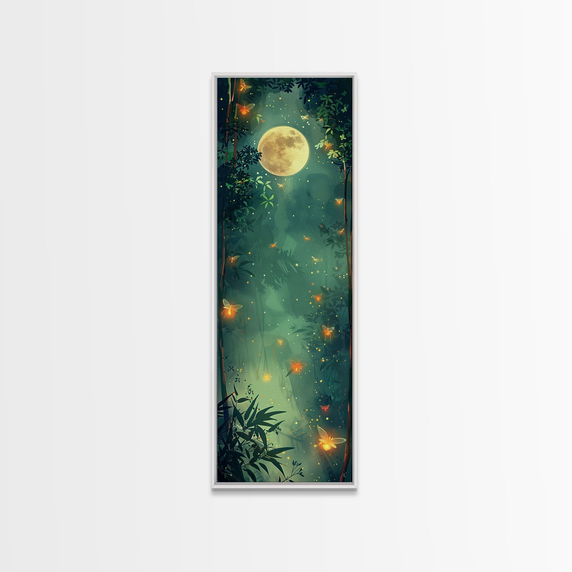 Enchanting Fireflies Illuminating Nighttime Forest Scene Under Full Moon Tall Framed Canvas Print Adding Magical Touch | | Wiccan Center