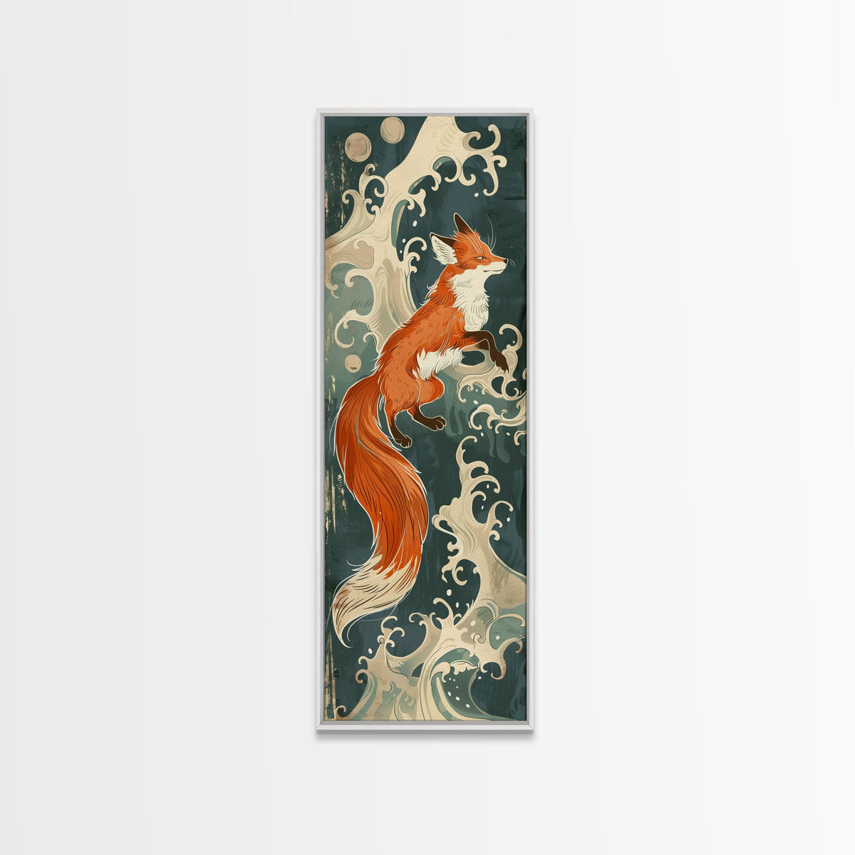Japanese Style Art Depicting A Fox In Motion Against A Backdrop Of Foamy Waves, Skinny Art, Tall Art, Ukiyo-e Art, Framed Canvas Print, Wood Block Print