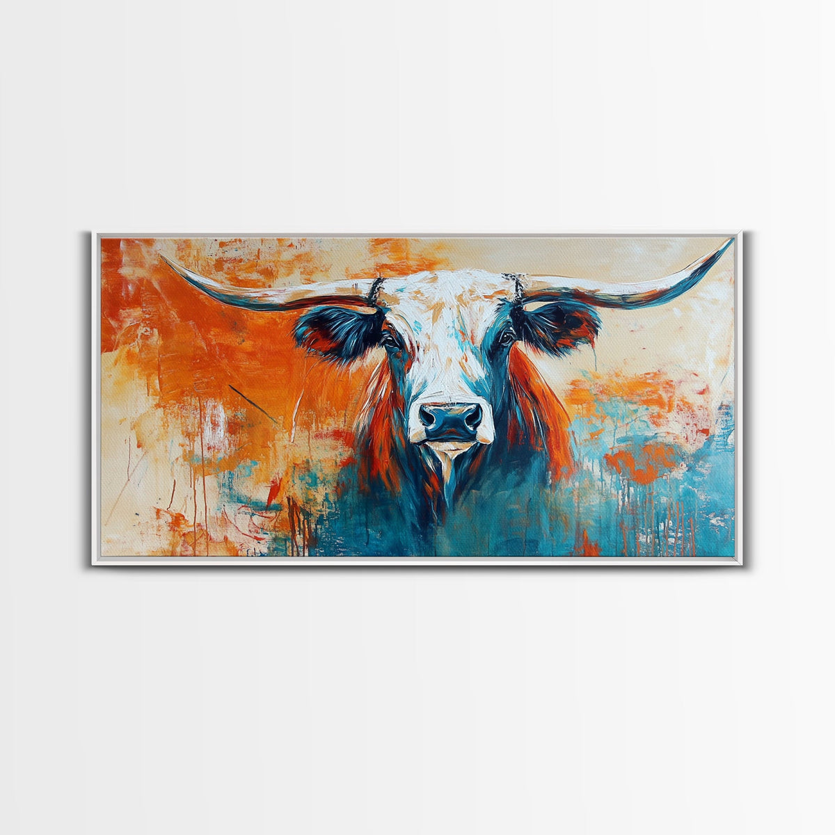 Longhorn Art, Rustic Decor, Farmhouse Art, Vintage Western Art, Southwest Wall Art, Animal Painting, Large Wall Art, Framed Canvas Print