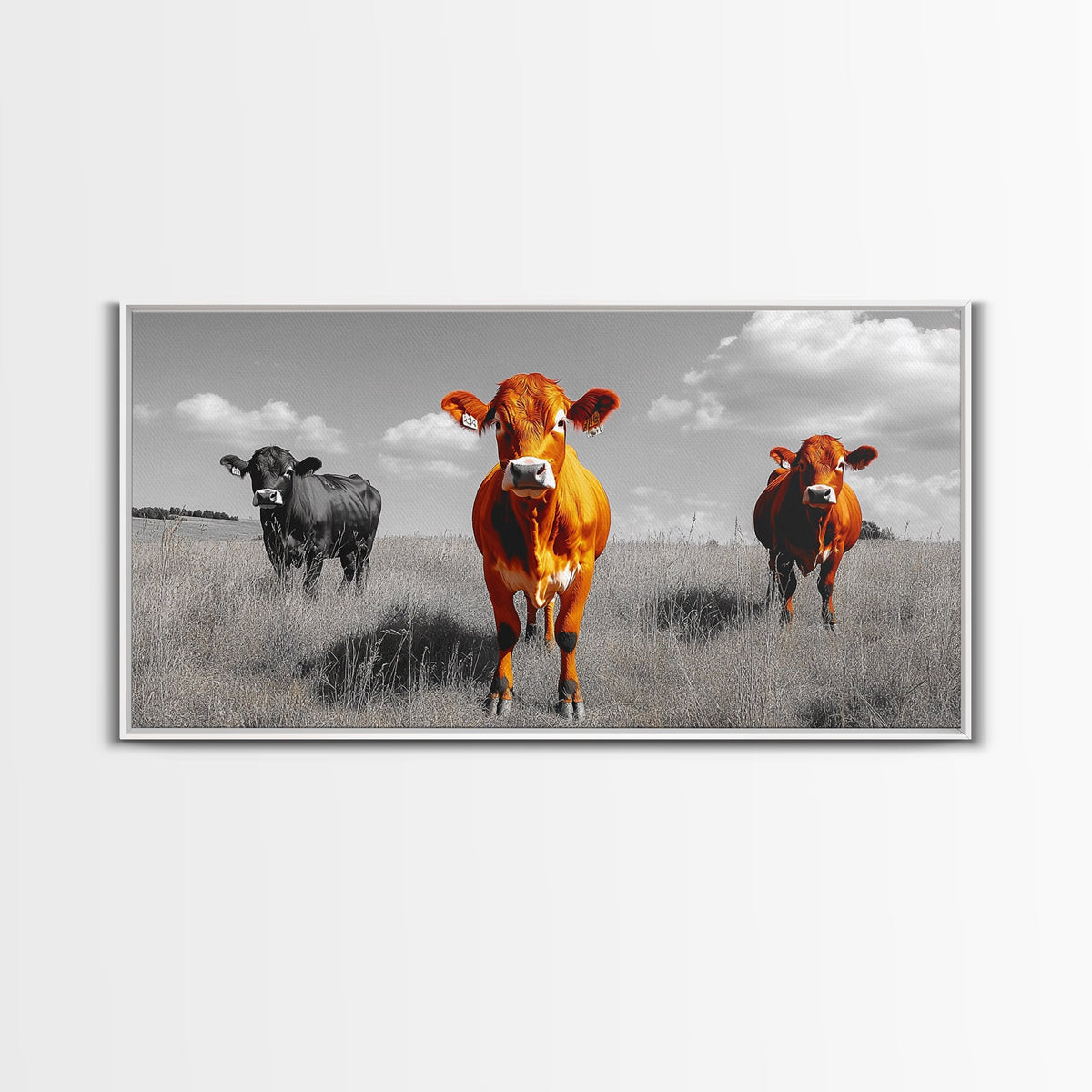 Highland Cows Canvas Print | Rustic Farmhouse Art | Black and White Cattle Painting | Moody Art | Above Sofa Wall Art | Extra Wide Art