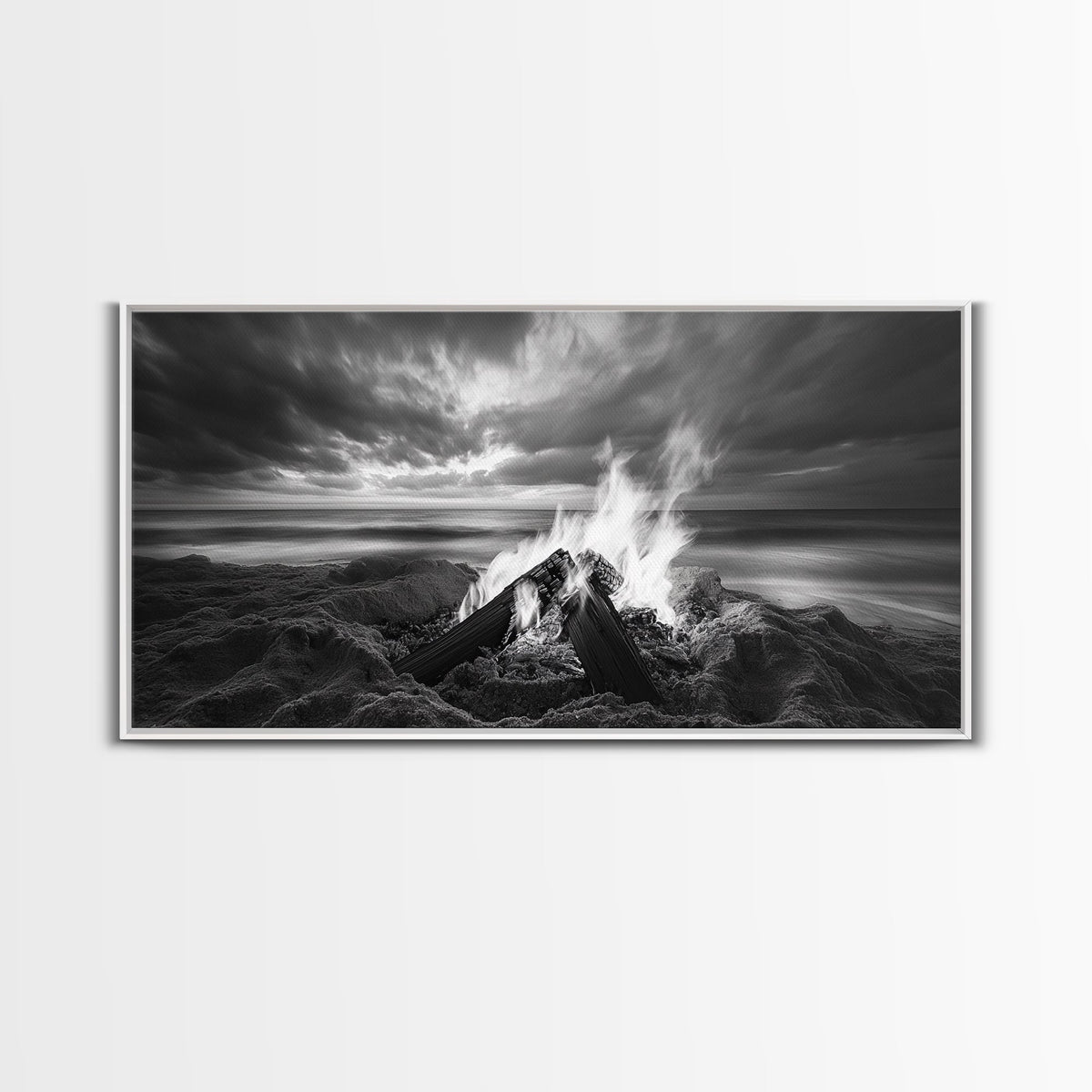 Beach bonfire, moody art, seascape painting, coastal decor, extra wide art, panoramic painting, above bed wall art, framed canvas print | | Wiccan Center