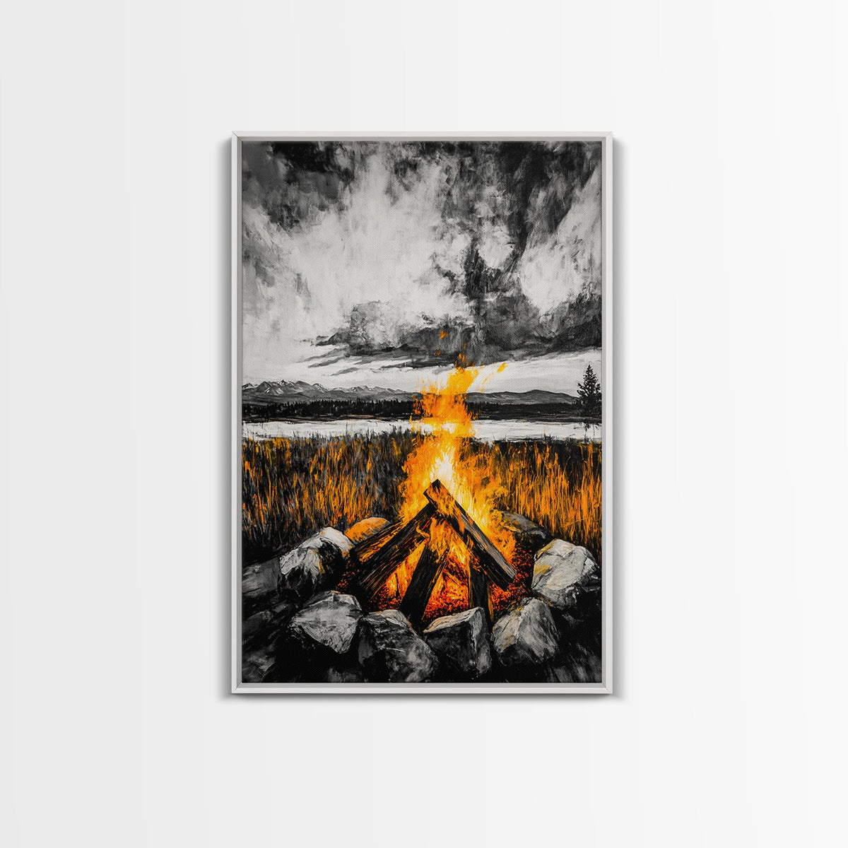 Campfire Painting, Moody Art, Rustic Wall Decor, Fire Pit Artwork, Black White Orange Art, Framed Canvas Print, Cabin Wall Art | | Wiccan Center