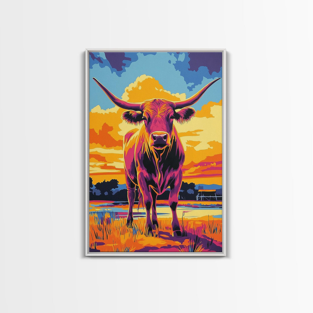 Sunset Longhorn, cowboy art, bull and bear art, southwest wall art, rustic art, pink orange wall art, vintage horse art, Canvas Print
