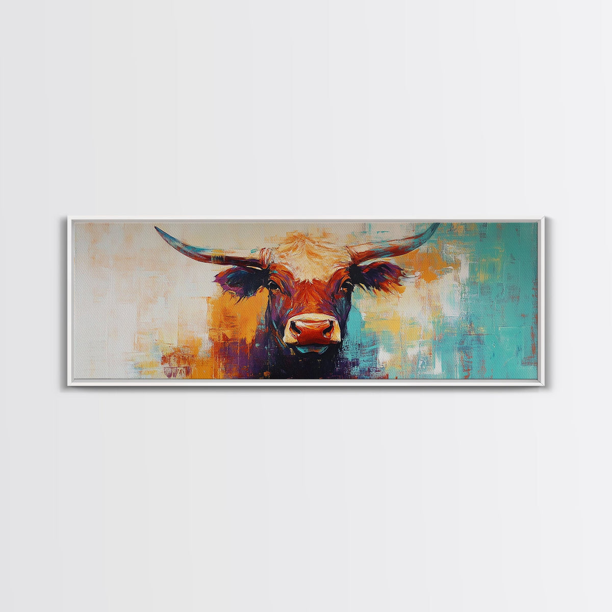 Western Bull, rustic art, vintage cow painting, farm animal wall art, cowboy decor, moody wall art, extra wide canvas print
