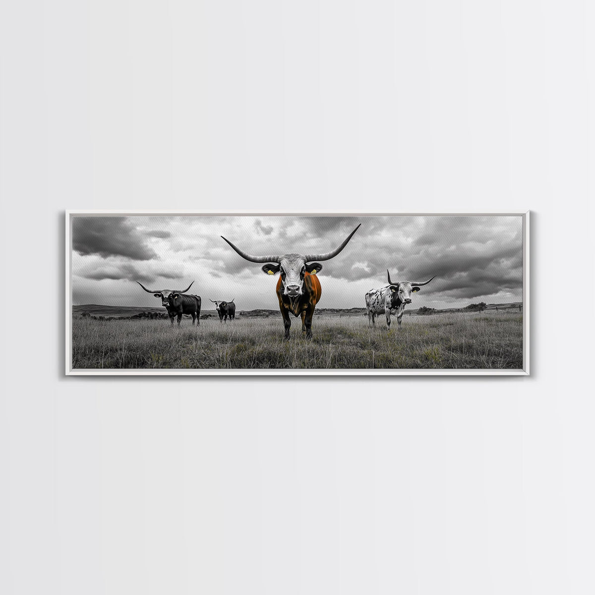 Texas Longhorns, Bull and Bear Art, Rustic Wall Art, Moody Art, Extra Wide Art, Framed Canvas Print, Horizontal Wall Art, Gift Idea
