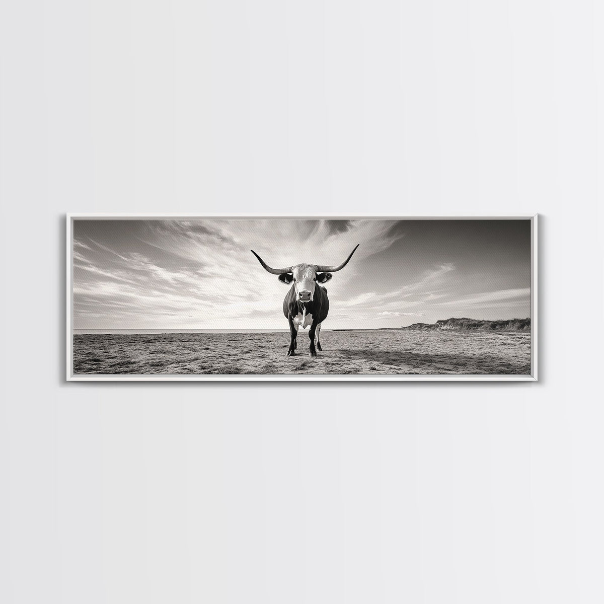 Longhorn, western landscape, bull and bear art, panoramic art, extra wide art, rustic wall art, framed canvas print, farmhouse decor, moody art