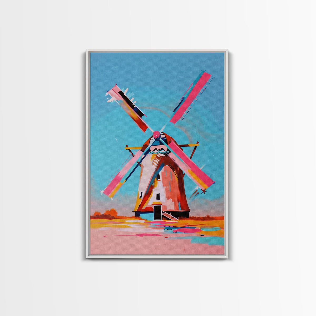 Playful Windmill Canvas Art - Framed Canvas Print, Modern Farmhouse Decor, Bright Windmill Wall Art, Vibrant Bedroom Artwork | | Wiccan Center