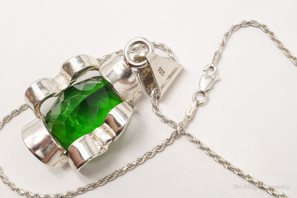 Vintage Large Glass Green Stone Sterling Silver Necklace 36" | Jewelry > Necklaces > Pendants | Wiccan Center