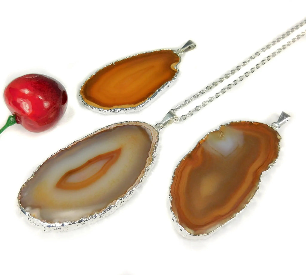 Brown Agate Slice Pendant (Silver Plated Edges) Polished Geode Jewelry | Retail Pendants | Wiccan Center