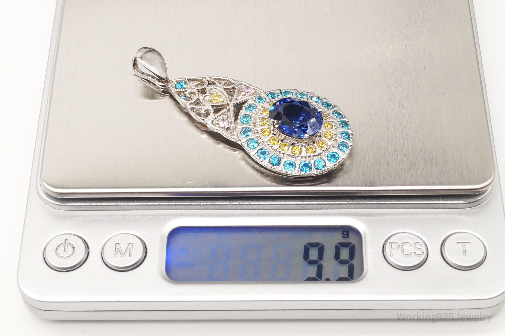 Large Lab Sapphire Multi Color CZ Rhodium Over Sterling Silver Pendant | Jewelry > Necklaces > Pendants | Wiccan Center