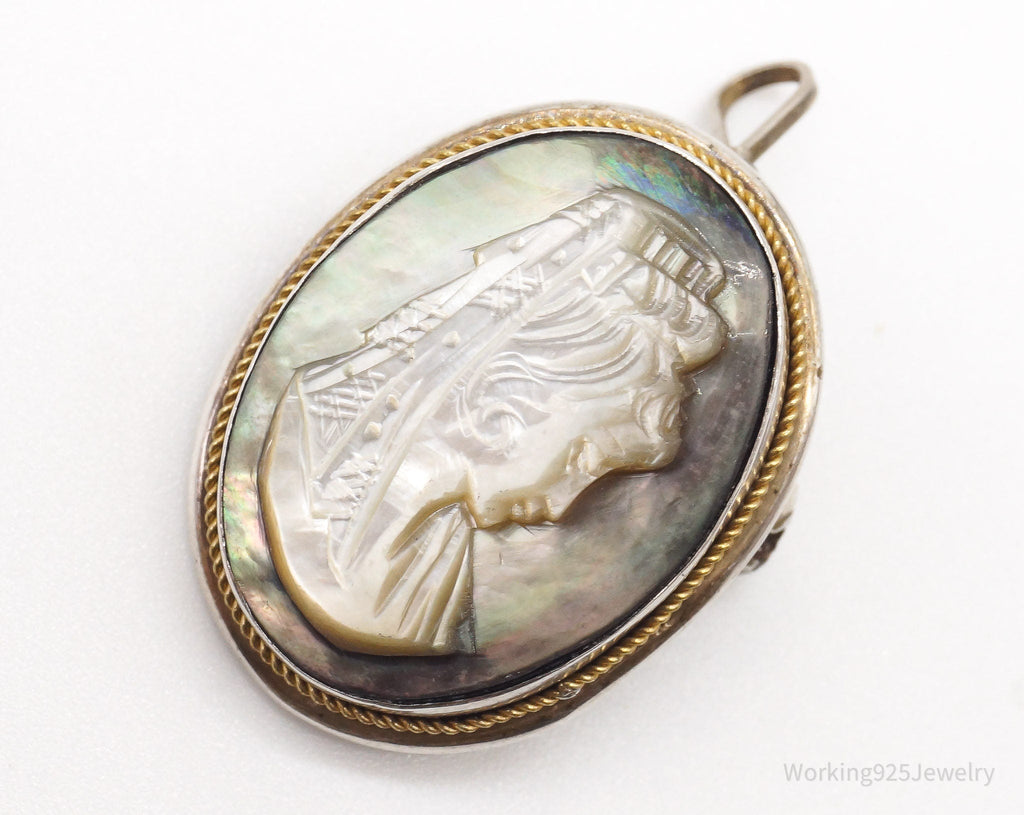 Antique Carved Abalone Shell Woman Cameo 800 Silver Pendant Brooch | Jewelry > Necklaces > Pendants | Wiccan Center