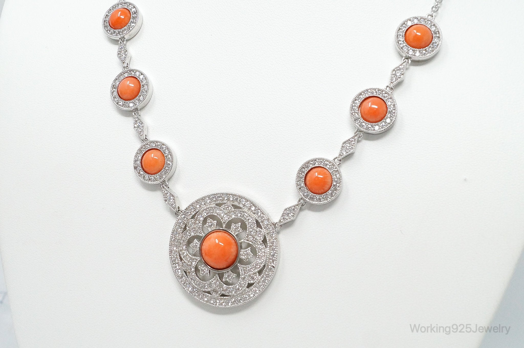 Vintage Designer Joseph Esposito Coral Cubic Zirconia Sterling Silver Necklace | Jewelry > Necklaces > Pendants | Wiccan Center