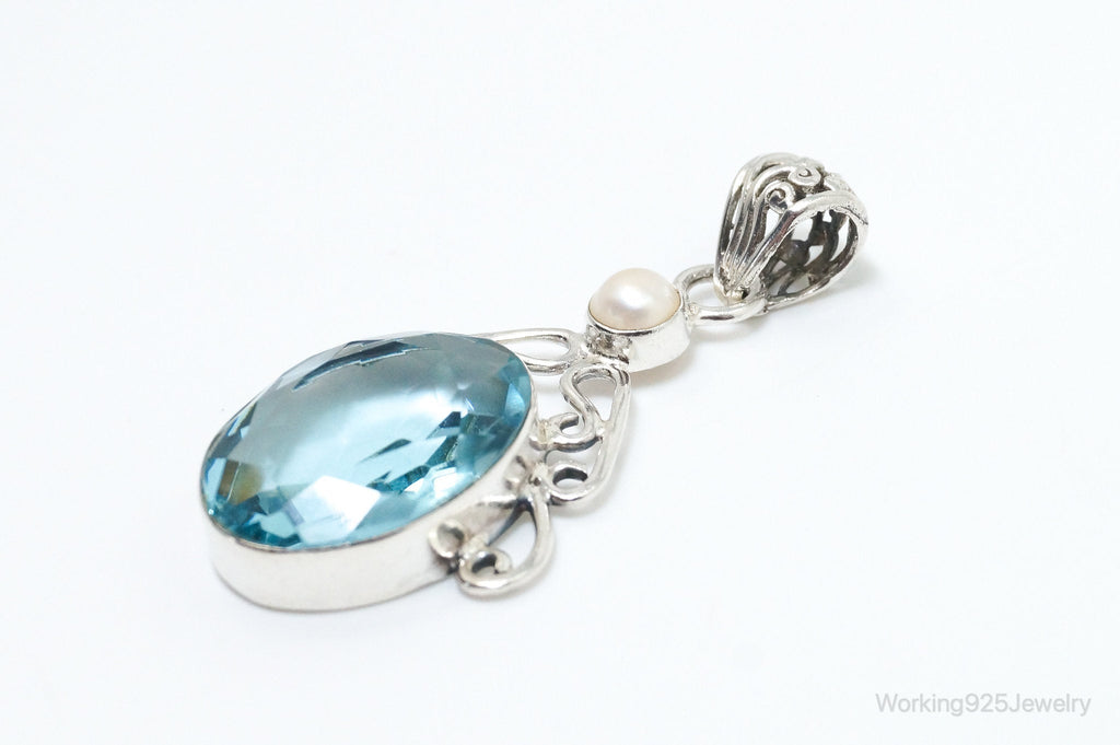 Vintage Art Deco Large Blue Topaz Pearl Sterling Silver Pendant | Jewelry > Necklaces > Pendants | Wiccan Center