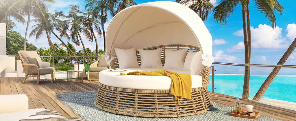 Outdoor Patio Rattan Round Daybed with Retractable Canopy, Wicker | Furniture | Wiccan Center
