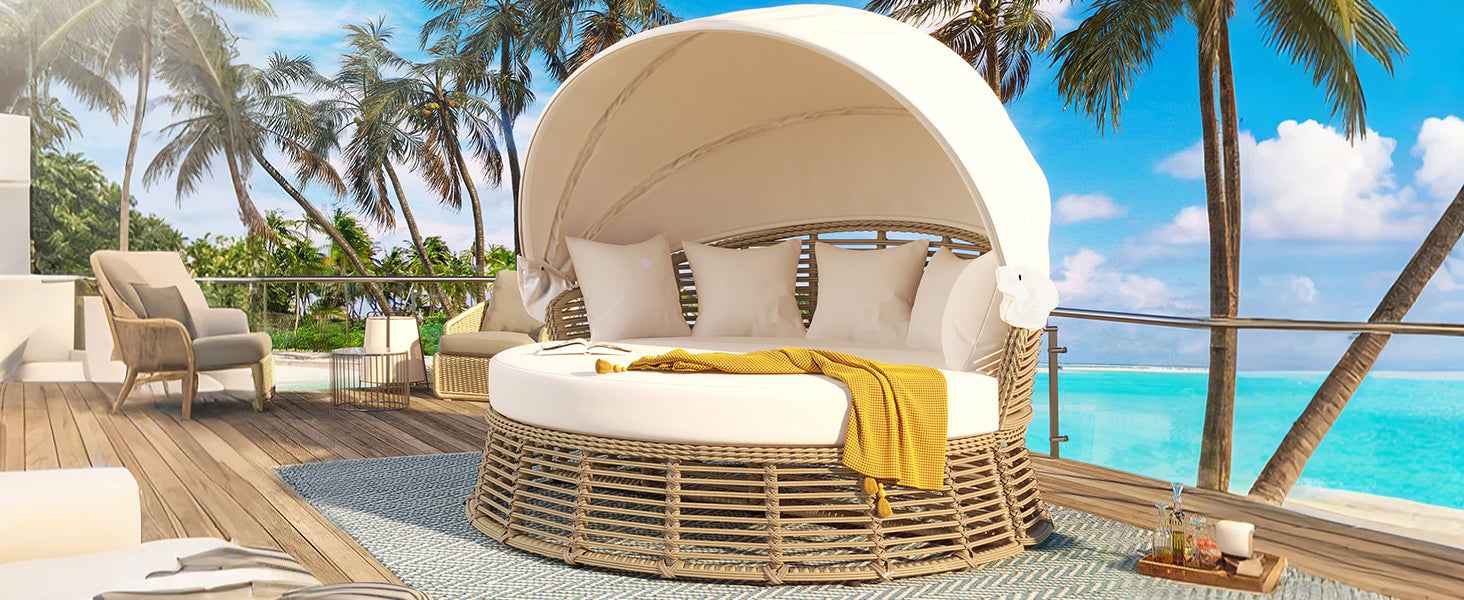 Outdoor Patio Rattan Round Daybed with Retractable Canopy, Wicker | Furniture | Wiccan Center