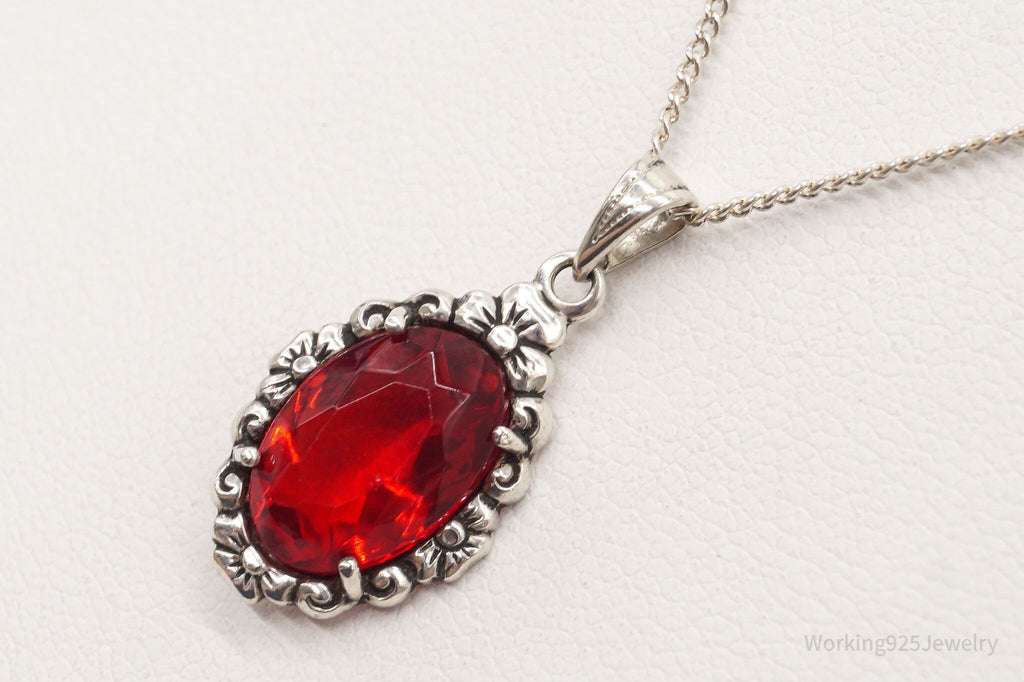 Antique Ruby Color Glass Floral Design 835 Silver Necklace | Jewelry > Necklaces > Pendants | Wiccan Center