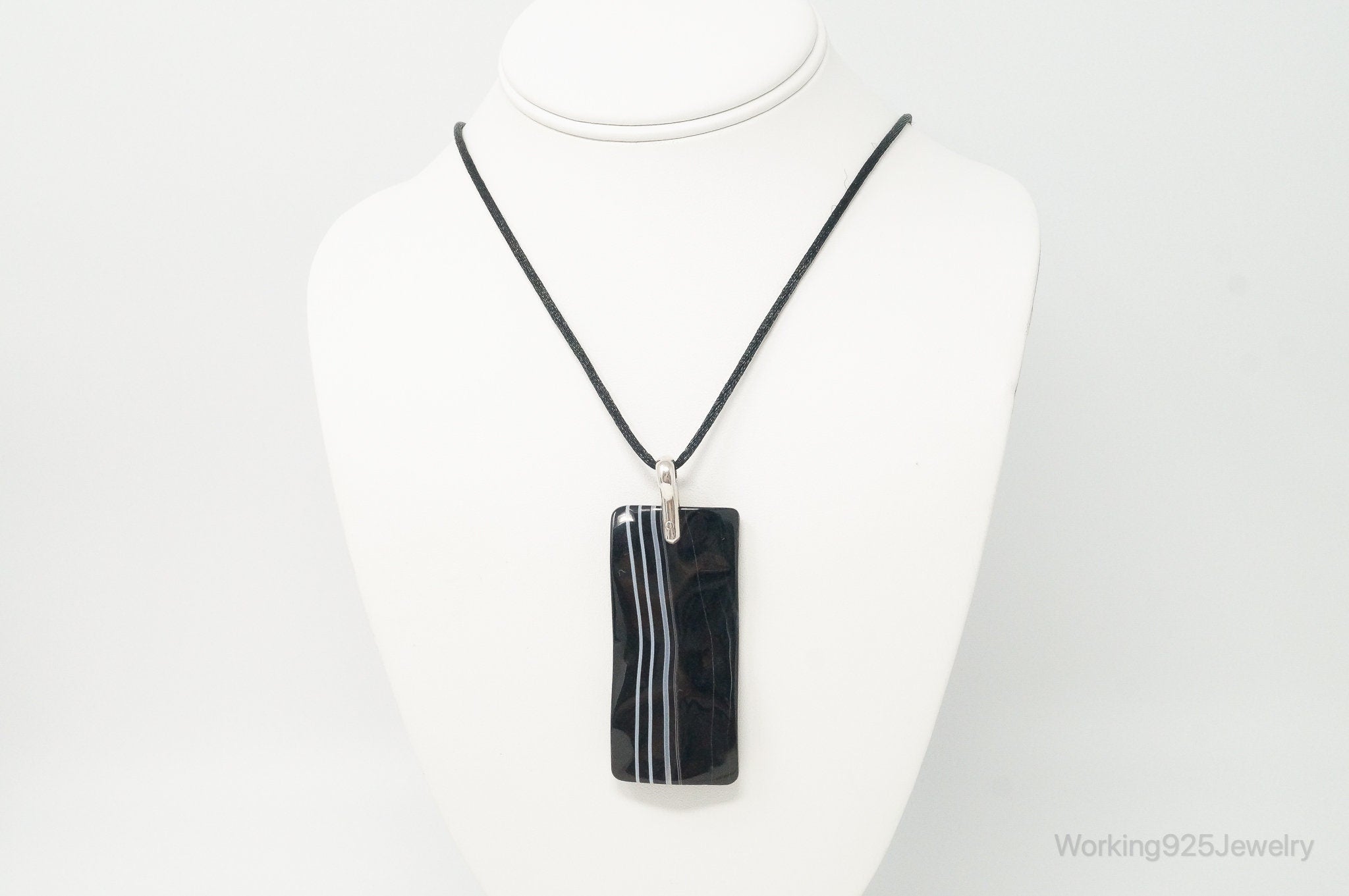 Vintage Large Rectangle Glass Sterling Silver Cord Necklace | Jewelry > Necklaces > Pendants | Wiccan Center