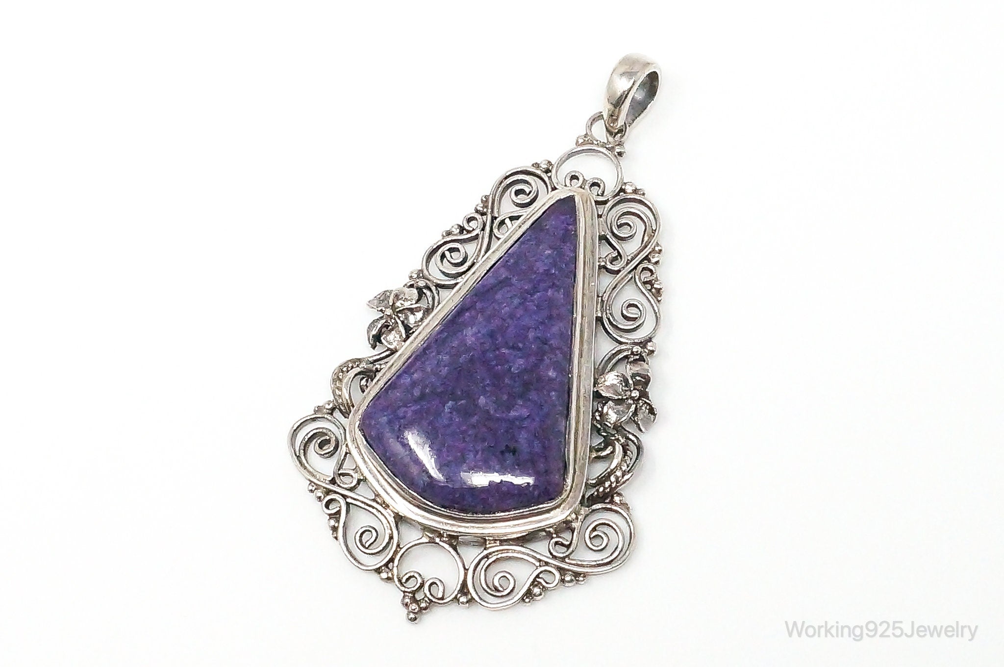 Vintage Purple Charoite Sterling Silver Floral Scroll Statement Necklace Pendant | Jewelry > Necklaces > Pendants | Wiccan Center