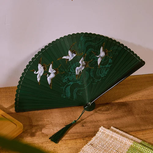18cm Chinese style retro style all bamboo crane dark green big red bronzing folding fan portable cheongsam dance fan