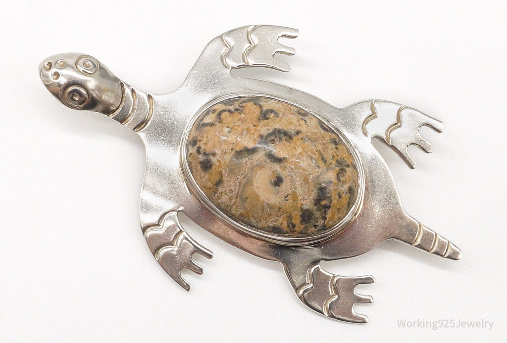 Large Vintage Mexico CII Jasper Sea Turtle Sterling Silver Brooch Pin | Jewelry > Brooches, Pins & Clips | Wiccan Center