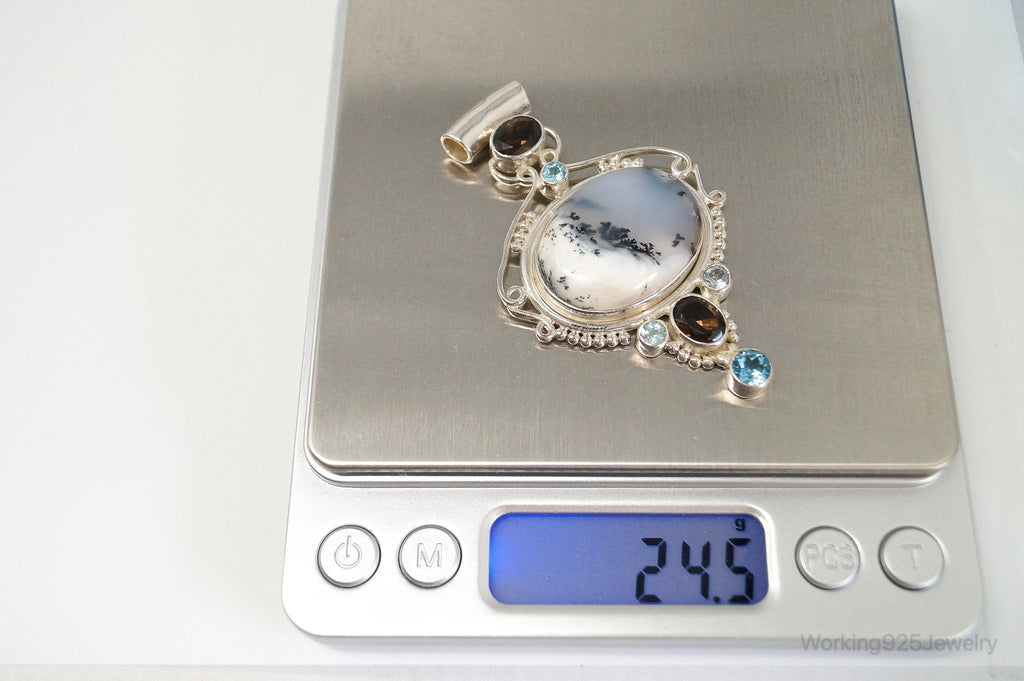 Large SAJEN Dendritic Agate Smoky Topaz Blue Topaz Sterling Silver Pendant | Jewelry > Necklaces > Pendants | Wiccan Center