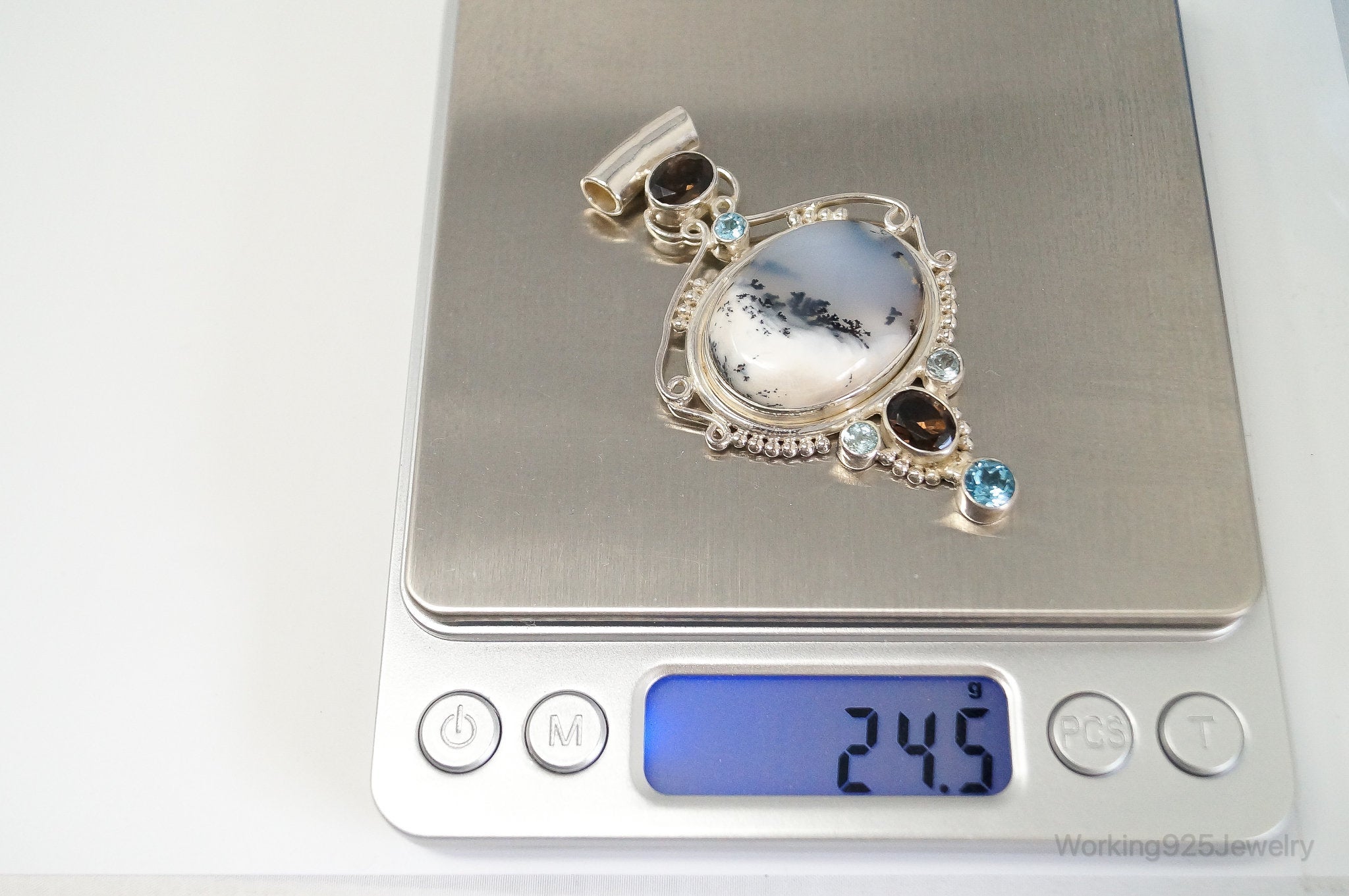 Large SAJEN Dendritic Agate Smoky Topaz Blue Topaz Sterling Silver Pendant | Jewelry > Necklaces > Pendants | Wiccan Center