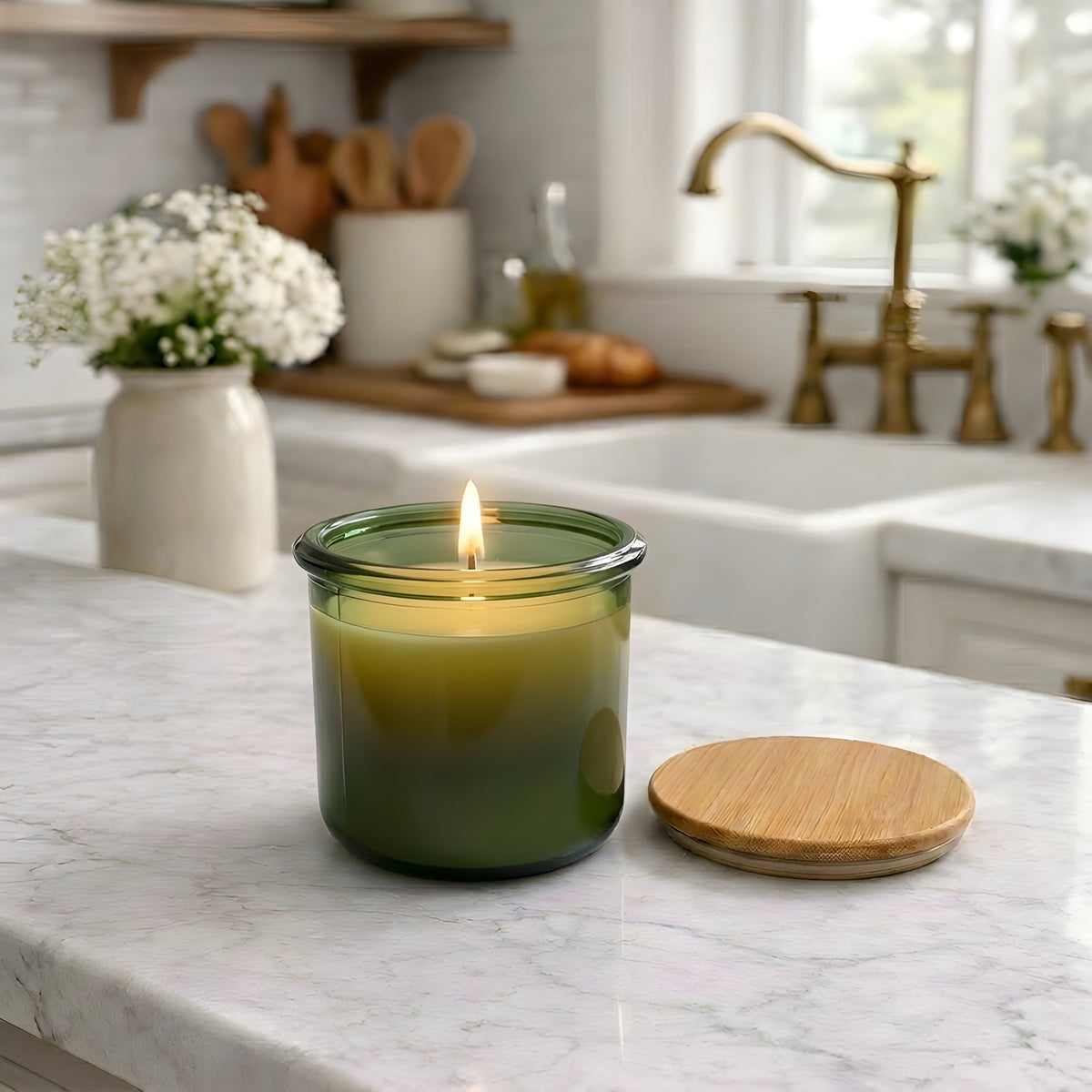 USA Beeswax Jar Candle in 10 Oz Spanish Recycled Glass Bamboo Lid | Container Candles | Wiccan Center