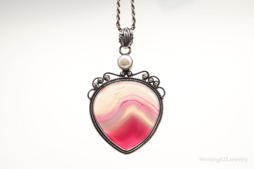 Vintage Large Pink Lace Agate & Pearl Sterling Silver Necklace | Jewelry > Necklaces > Pendants | Wiccan Center