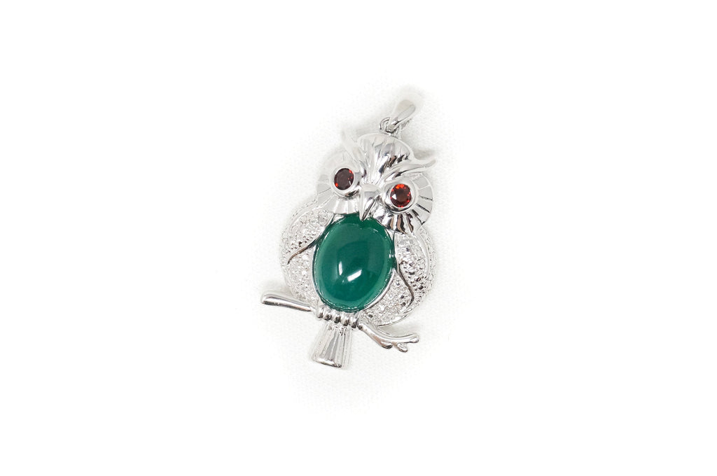 Vintage Green Chalcedony Garnet Wise Owl Sterling Silver Pendant Necklace | Jewelry > Necklaces > Pendants | Wiccan Center