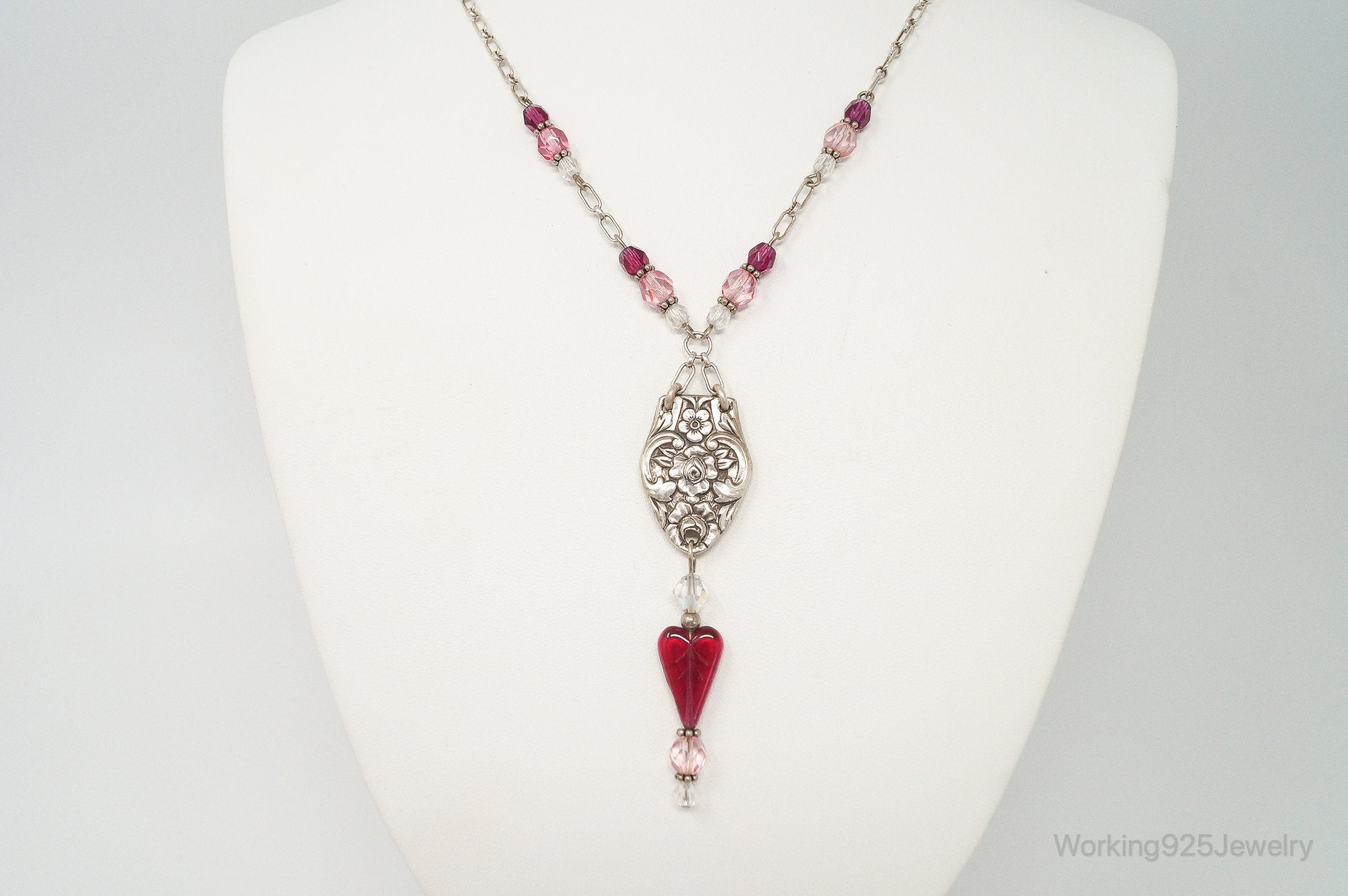 Vintage Floral Spoon Repousse Glass Heart Crystal Sterling Silver Necklace | Jewelry > Necklaces > Pendants | Wiccan Center