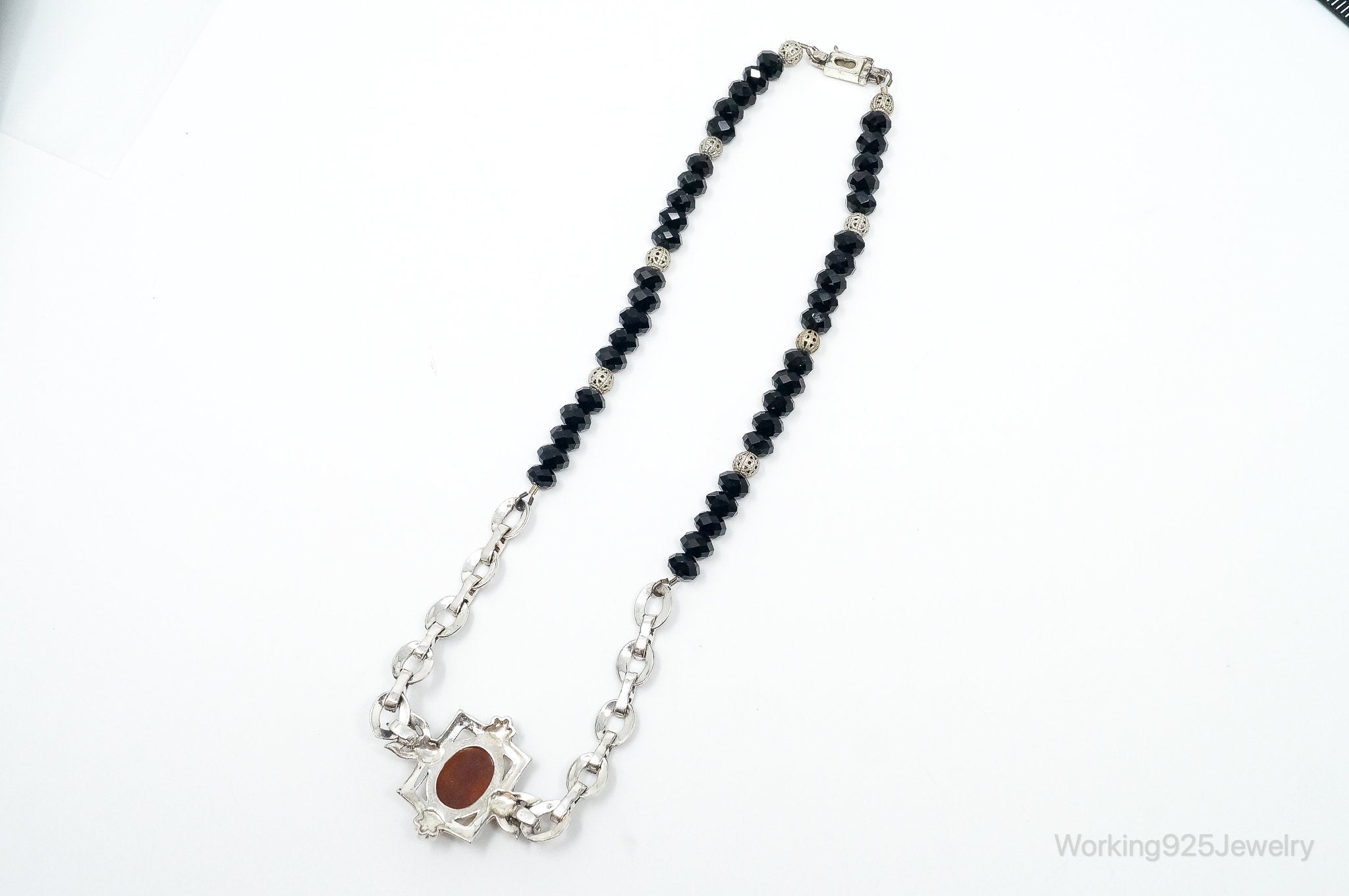 VTG Carved Cameo Shell Black Onyx Marcasite Sterling Silver Necklace | Jewelry > Necklaces > Pendants | Wiccan Center