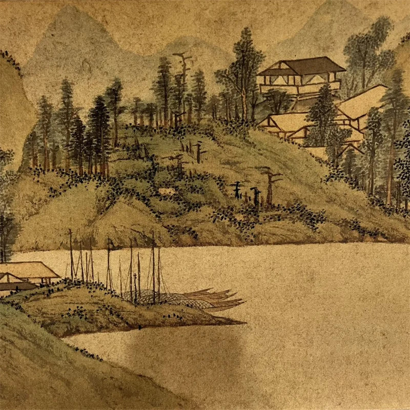 China Long Scroll Watercolor & Calligraphy – Tang Yin “Huxi Thatched Cottage” (Collectible)
