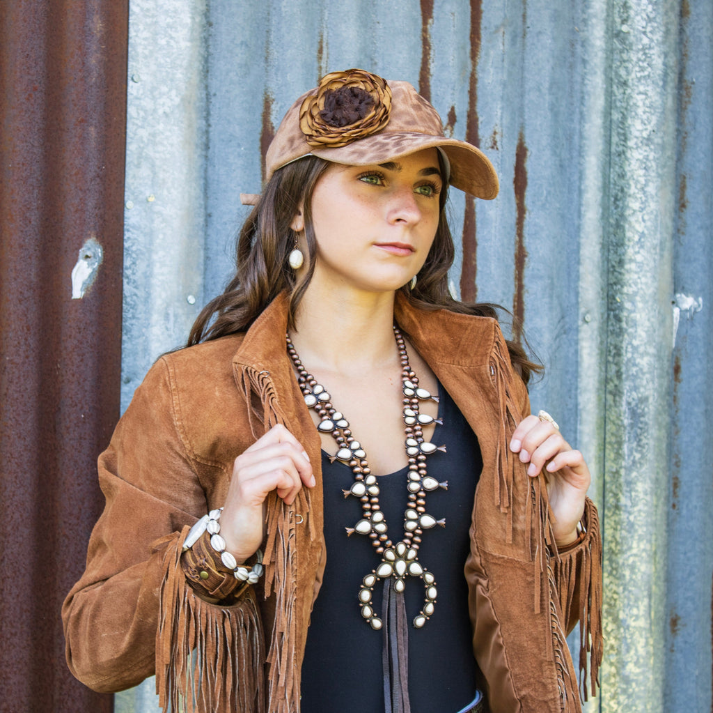 Hand-Painted Leopard Suede Baseball Cap w/ Flowers Tan 986L | Hat | Wiccan Center