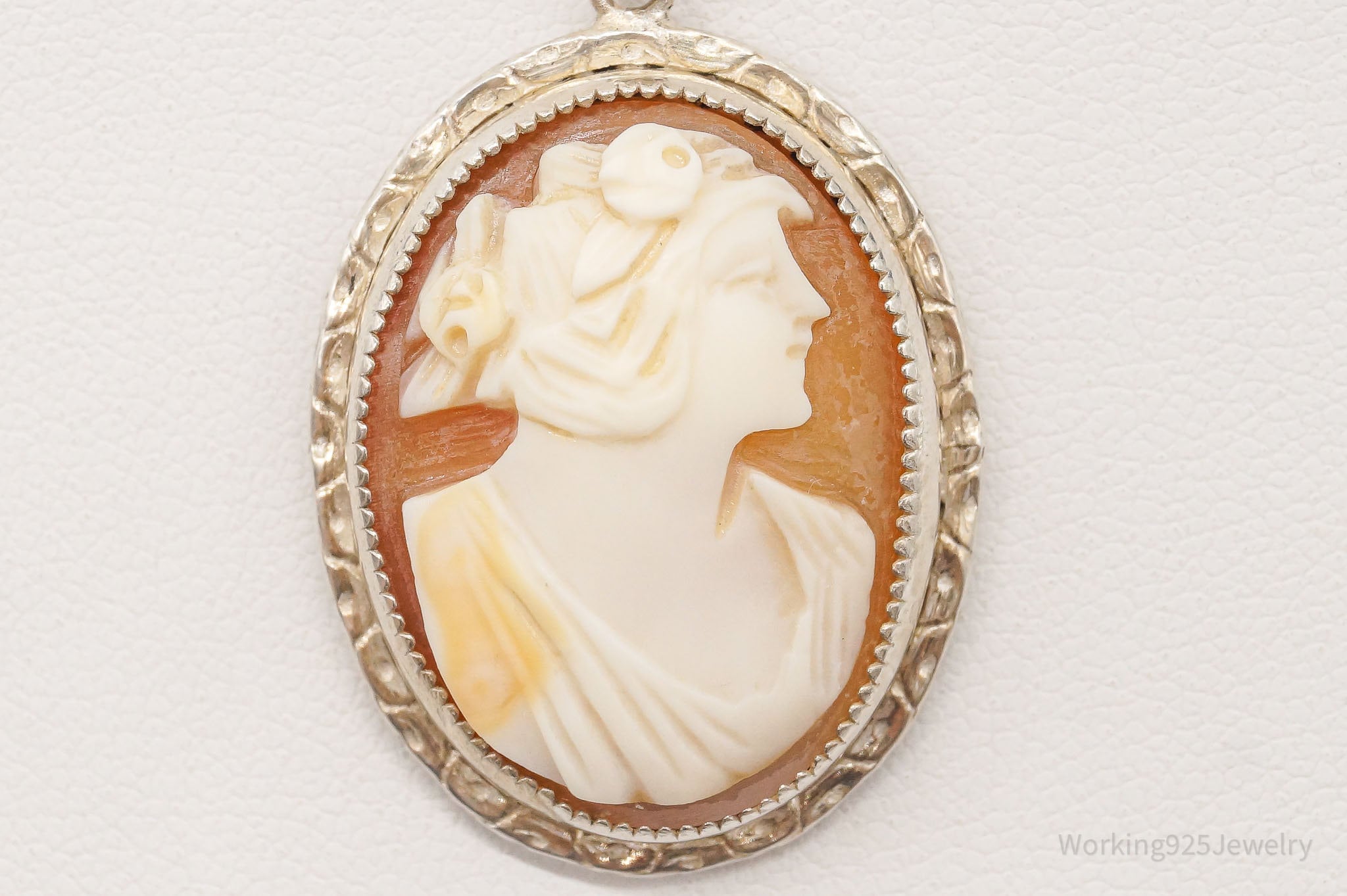 Antique Large Carved Shell Woman Cameo Sterling Silver Necklace | Jewelry > Necklaces > Pendants | Wiccan Center
