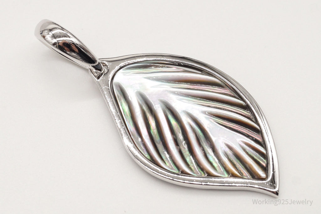 Large Vintage Carved Abalone Shell Sterling Silver Leaf Pendant | Jewelry > Necklaces > Pendants | Wiccan Center