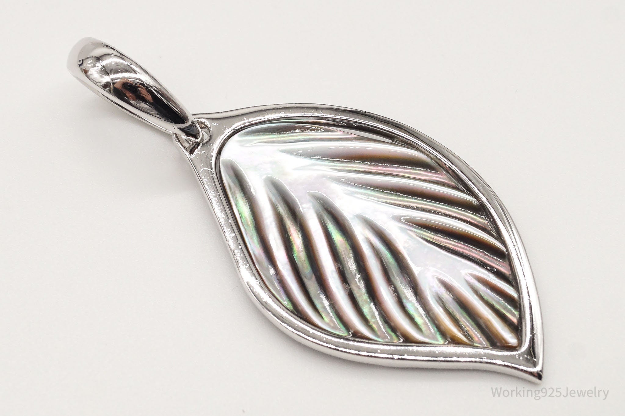 Large Vintage Carved Abalone Shell Sterling Silver Leaf Pendant | Jewelry > Necklaces > Pendants | Wiccan Center