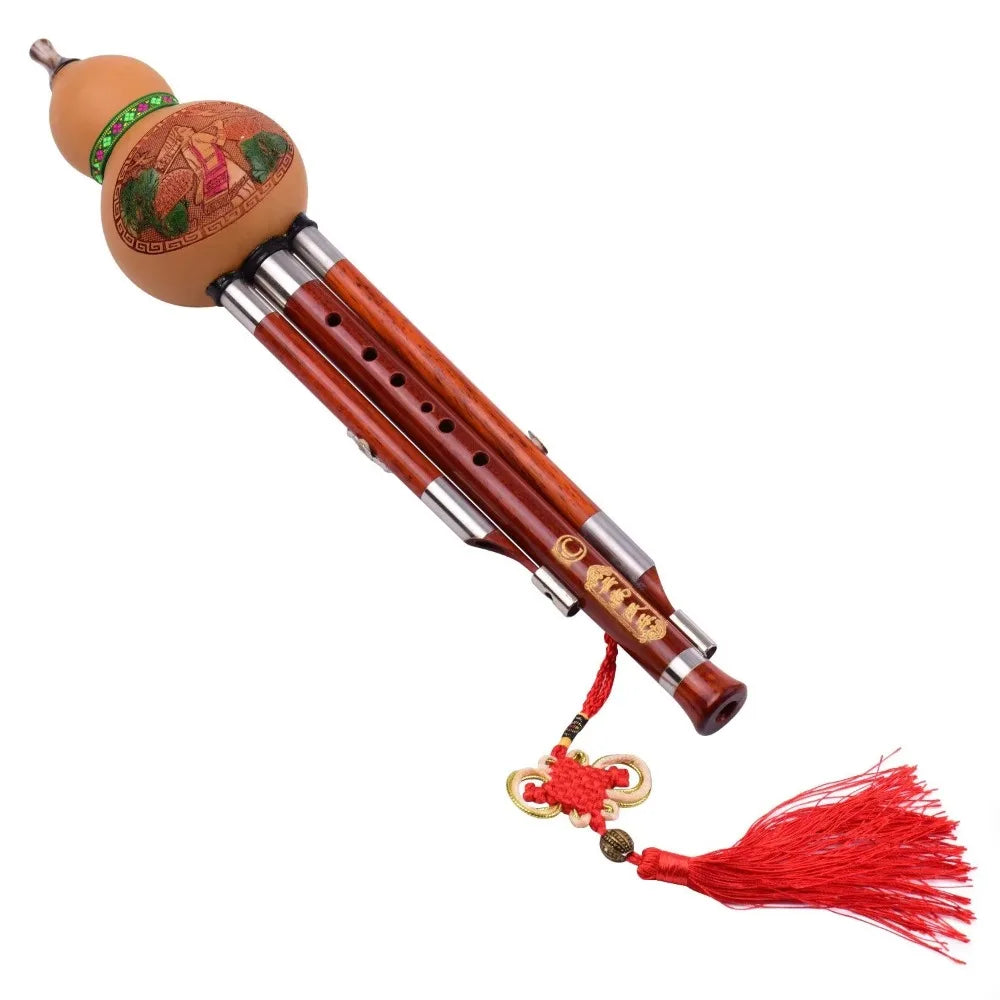 3-Tone C Key Hulusi Gourd Flute Solid Wood Tube Chinese Traditional Musical Instrument with Chinese Knot & Carrying Case