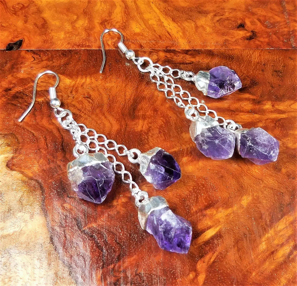 Amethyst Crystal Earrings Pair (Stainless Steel Silver Hooks) Long Dangle Gemstone Jewelry Supply | Jewelry > Earrings > Dangle & Drop Earrings | Wiccan Center