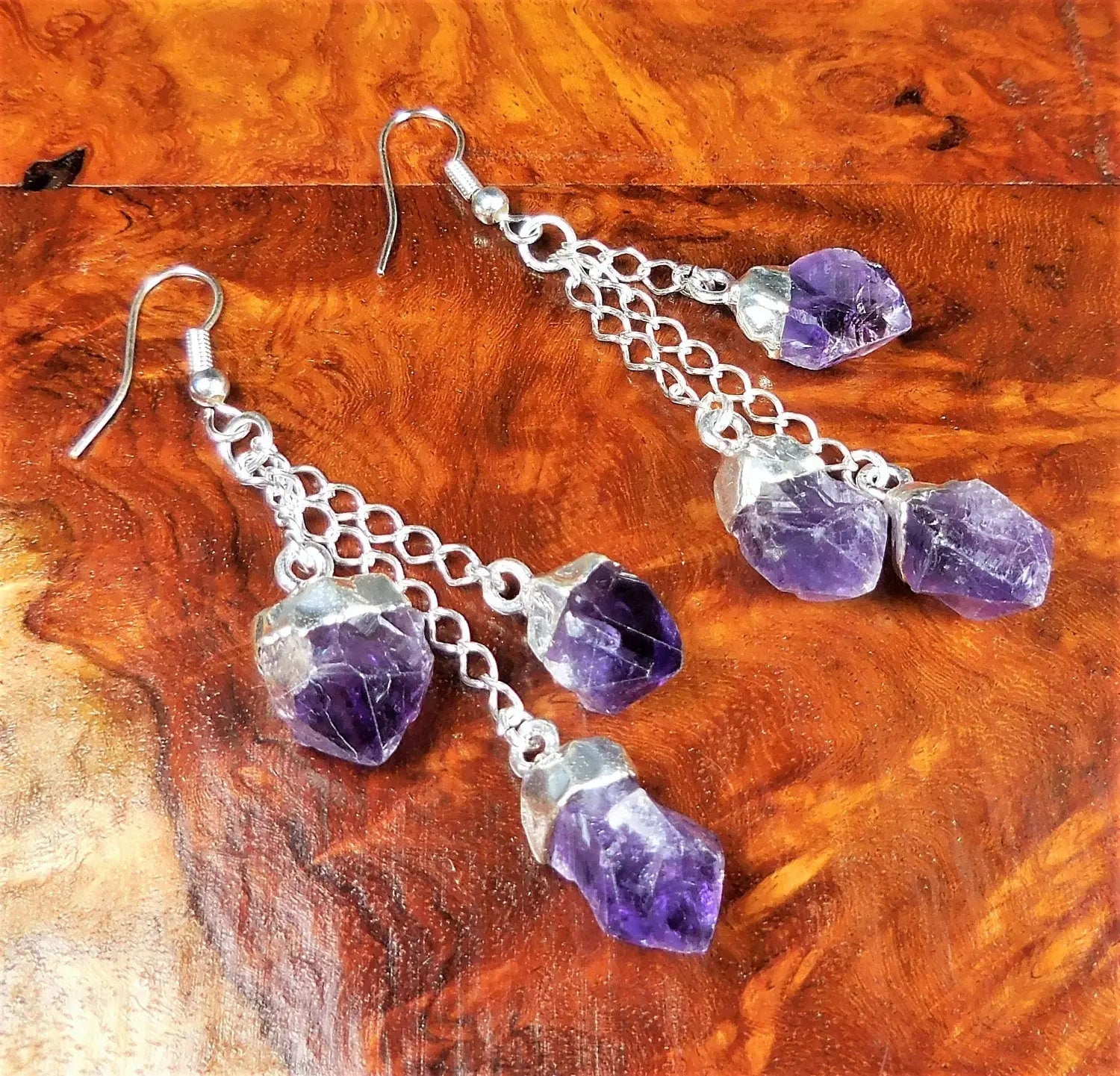 Amethyst Crystal Earrings Pair (Stainless Steel Silver Hooks) Long Dangle Gemstone Jewelry Supply | Jewelry > Earrings > Dangle & Drop Earrings | Wiccan Center