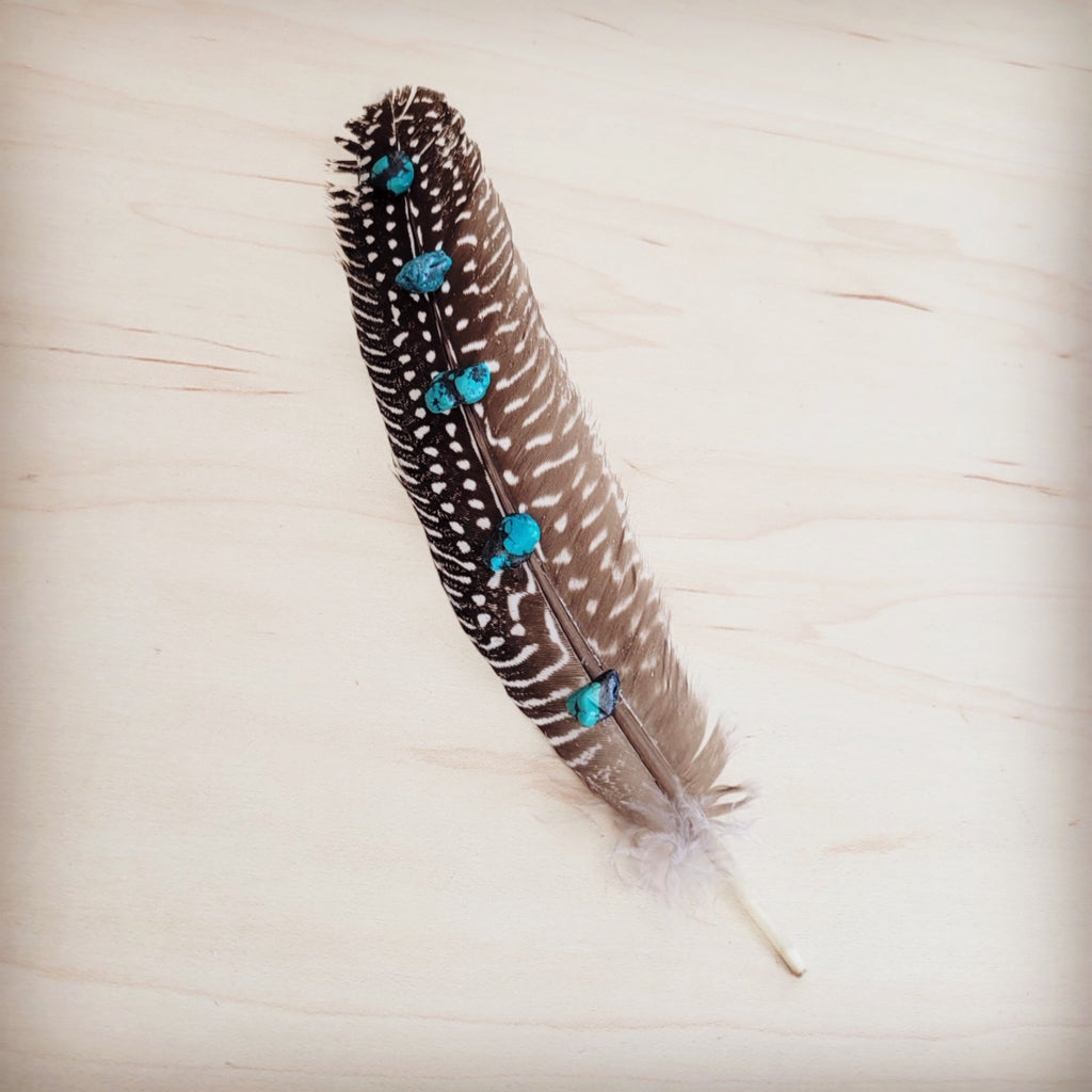 Spotted Turkey Feather Hat Accent w/ Turquoise Stones 954v | Hat Band | Wiccan Center