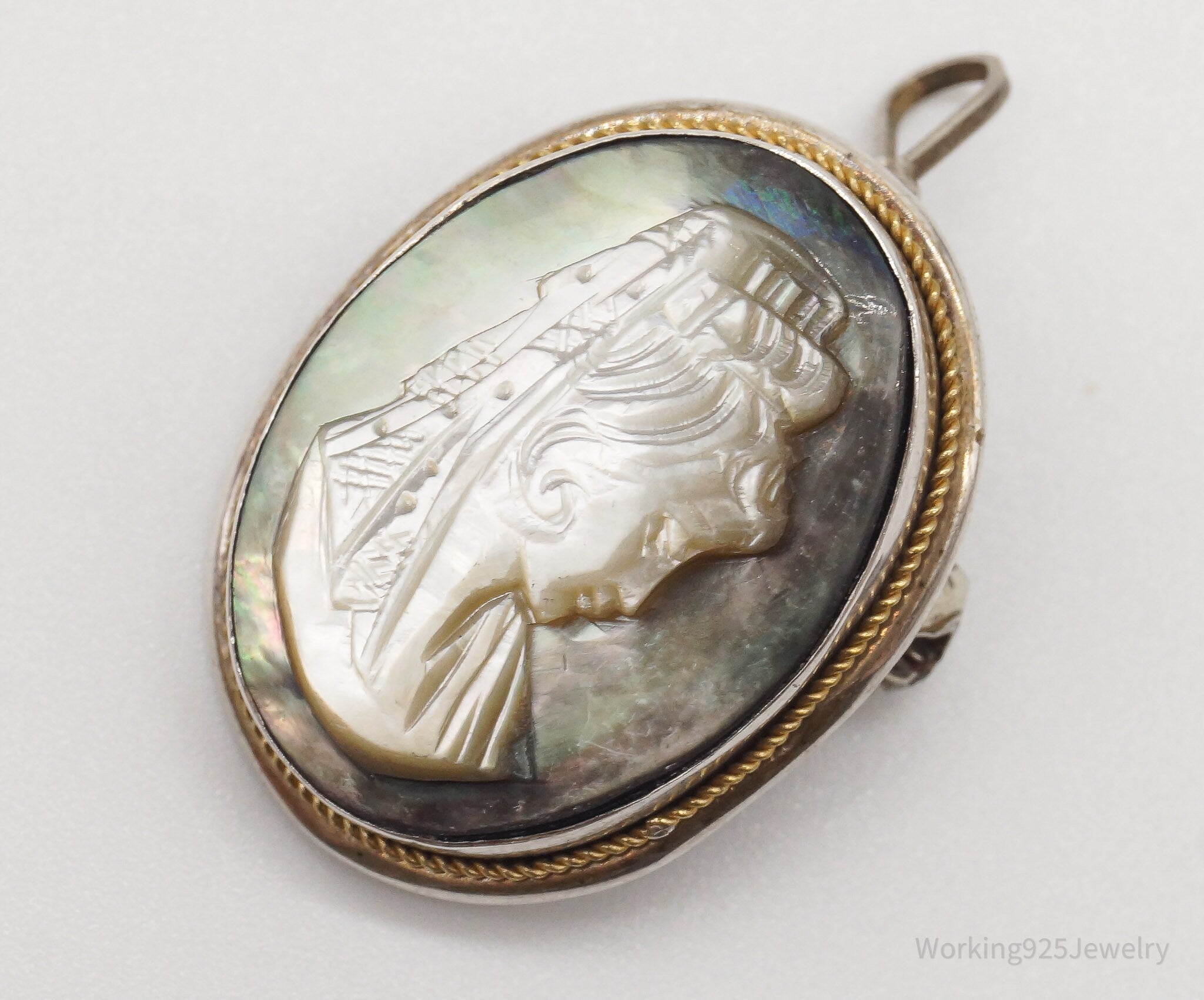 Antique Carved Abalone Shell Woman Cameo 800 Silver Pendant Brooch | Jewelry > Necklaces > Pendants | Wiccan Center